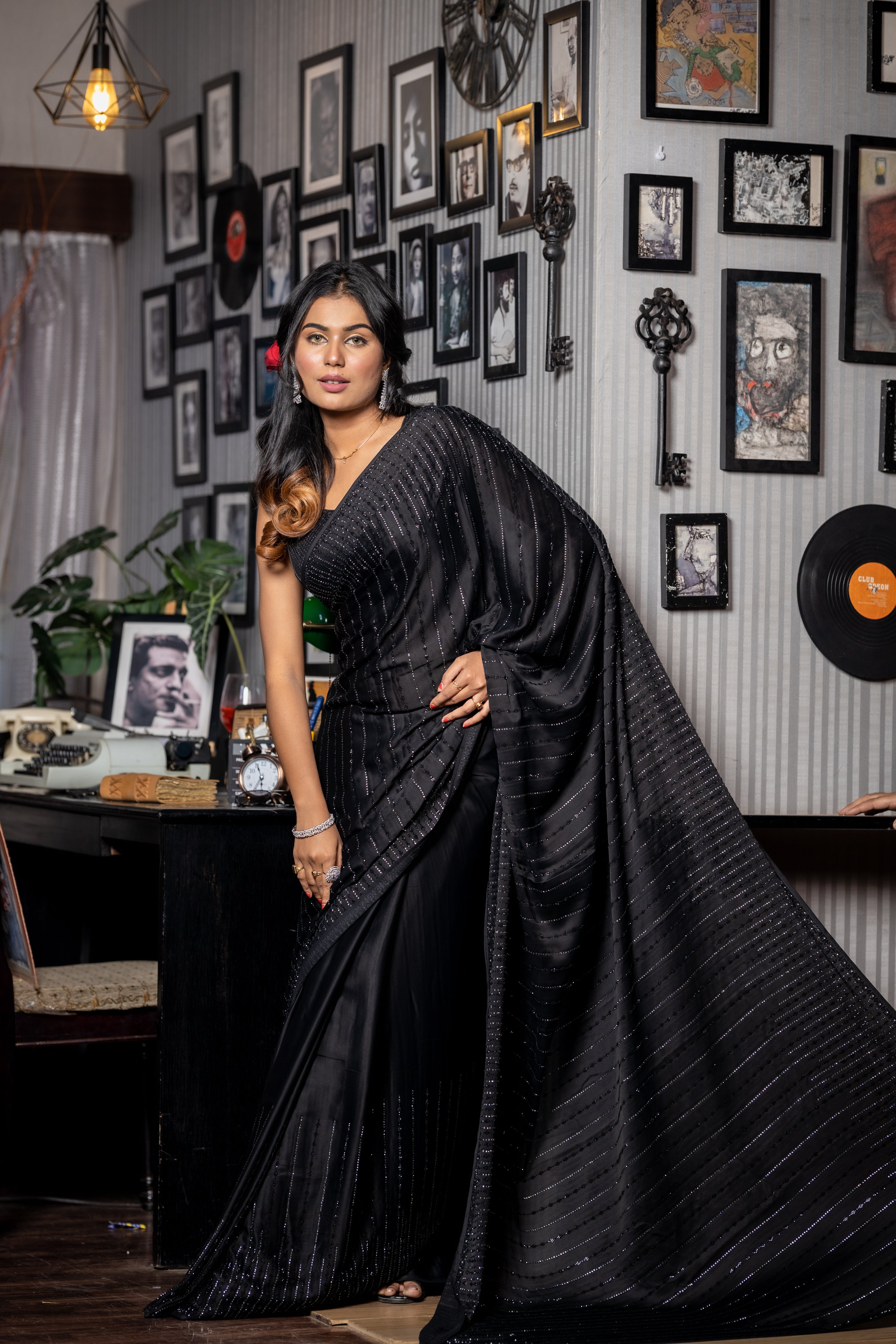 Black Swan || Black Satin Crepe Fancy Saree with all over Swarovski & Black Rhinestone Handwork Stripes
