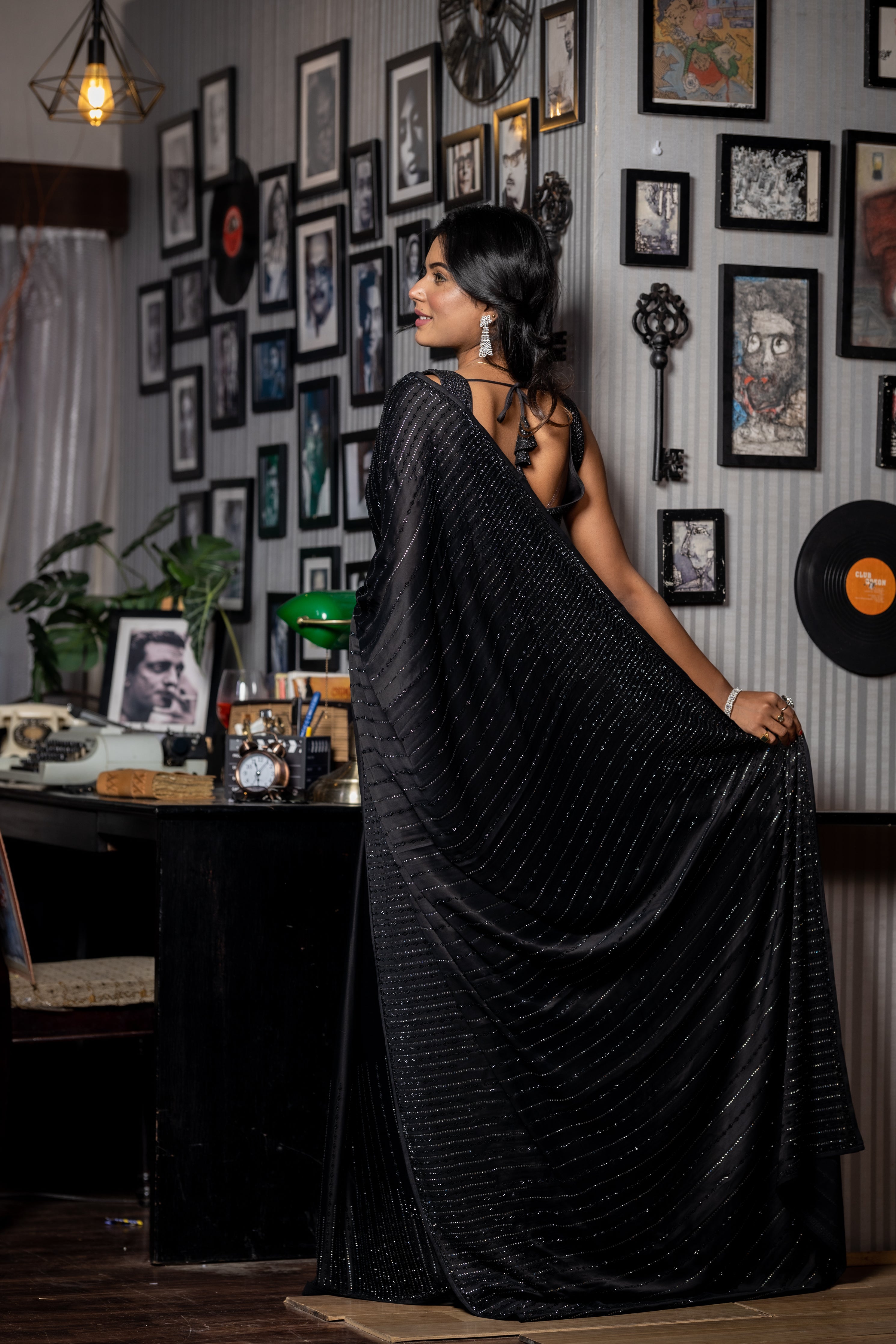 Black Swan || Black Satin Crepe Fancy Saree with all over Swarovski & Black Rhinestone Handwork Stripes