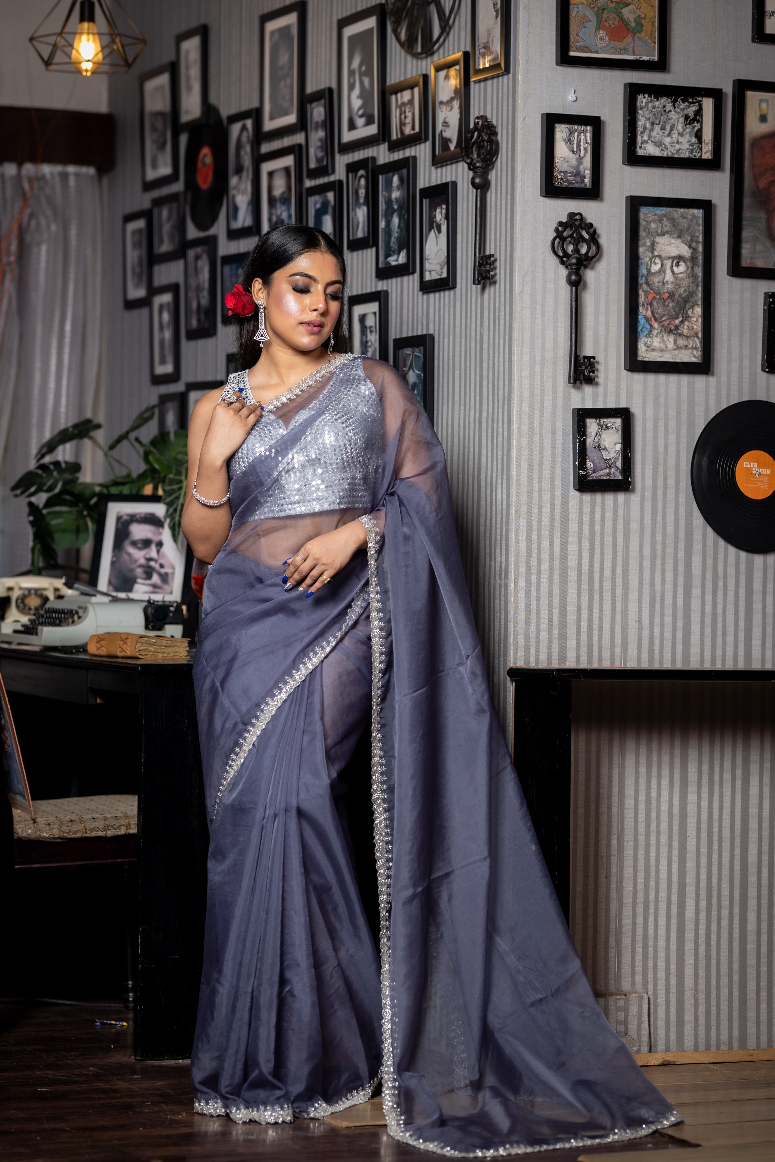 Misty || Slate Grey Soft Organza Fancy Saree with all over Plain body and Silver Cut-dana Handwork Border