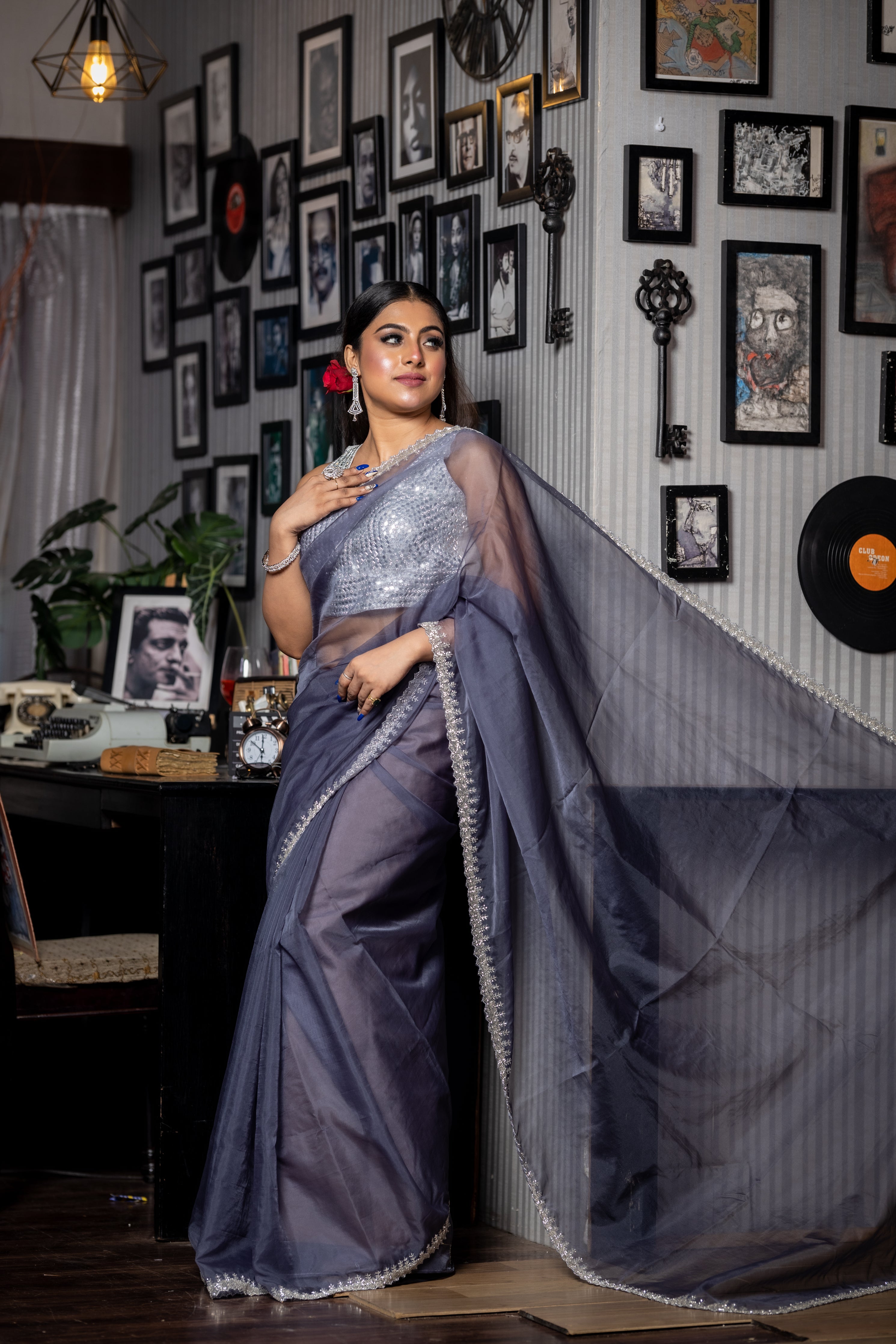 Misty || Slate Grey Soft Organza Fancy Saree with all over Plain body and Silver Cut-dana Handwork Border