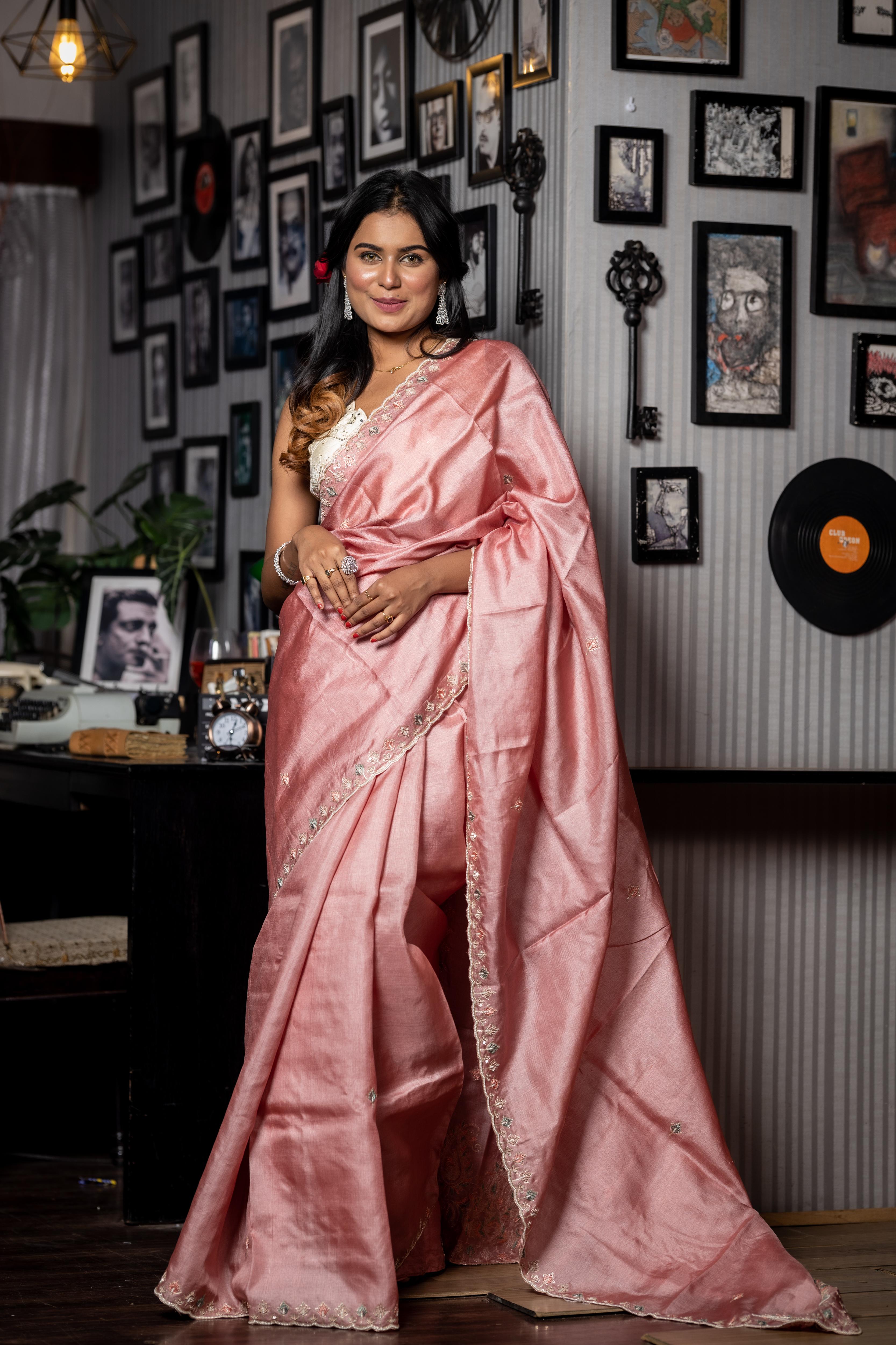 Akira || Light Onion Pink Pure Tussar Silk Hand Embroidery Saree with all over Multi-colour Resham Floral Buti and Peta Zari-Moti- Zardozi highlights