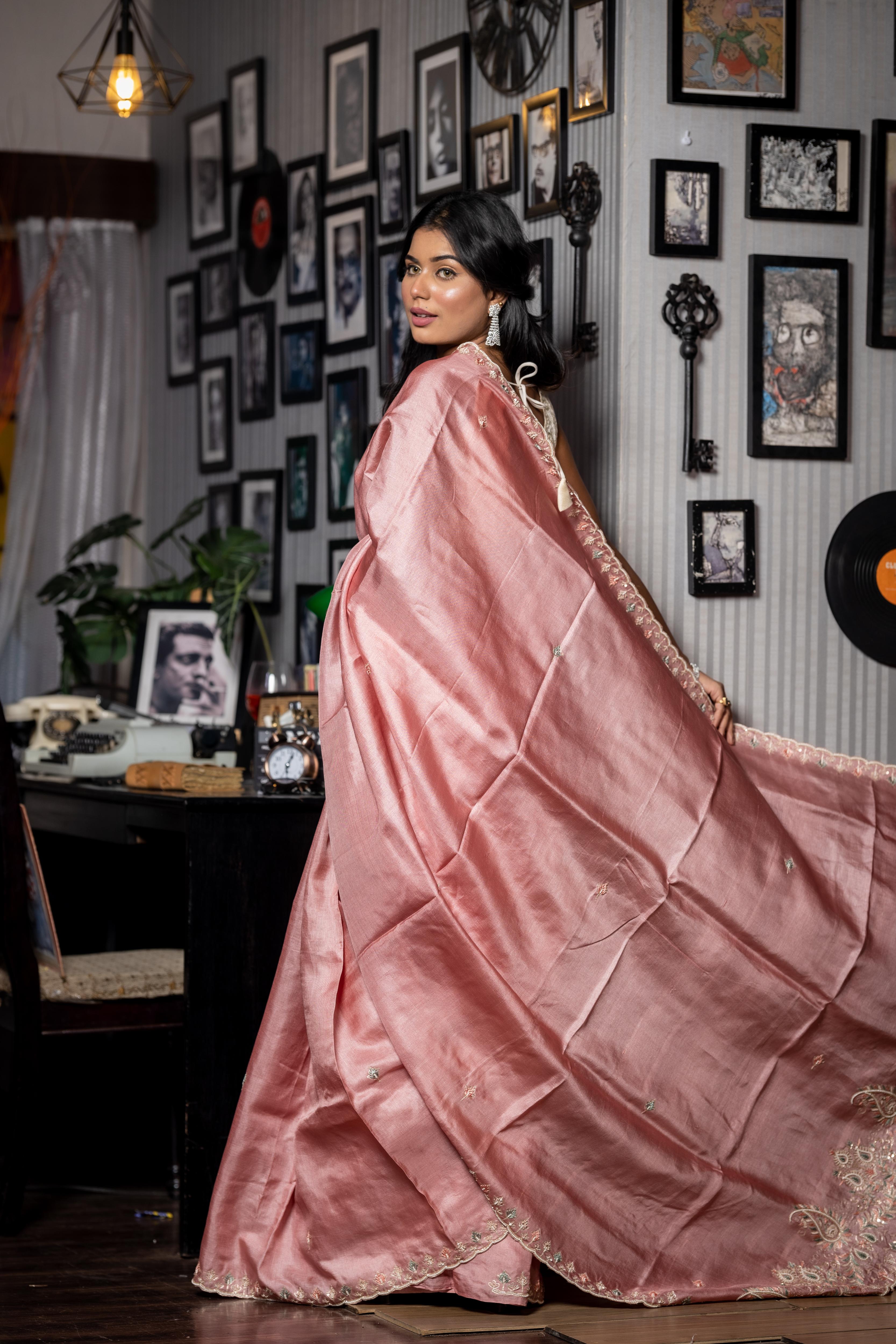 Akira || Light Onion Pink Pure Tussar Silk Hand Embroidery Saree with all over Multi-colour Resham Floral Buti and Peta Zari-Moti- Zardozi highlights