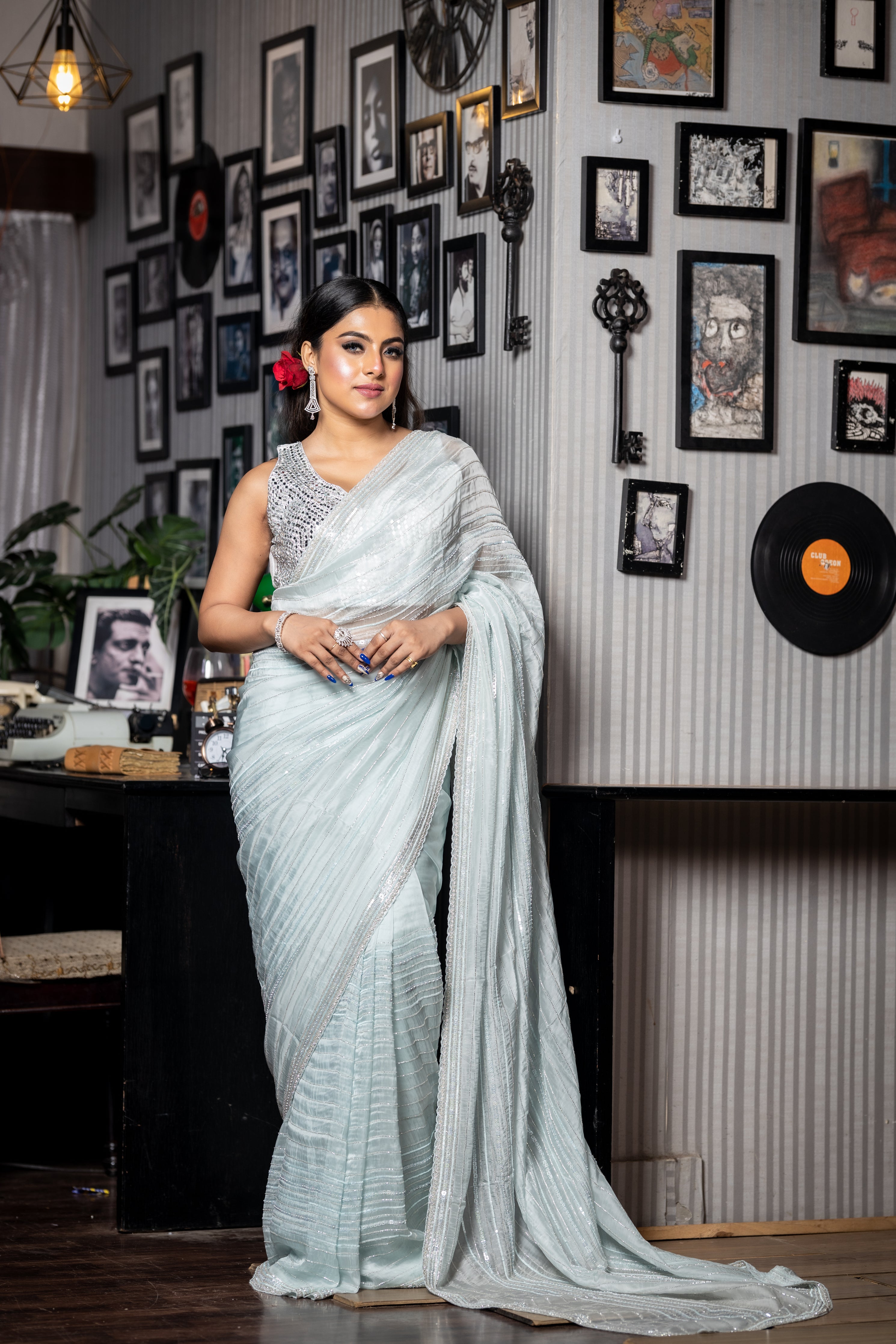 Crystal || Ice Blue Soft Organza Fancy Saree with all over Silver Cut-dana & Ice Blue Sequins Handwork Stripes and sleek Border with Stone highlights