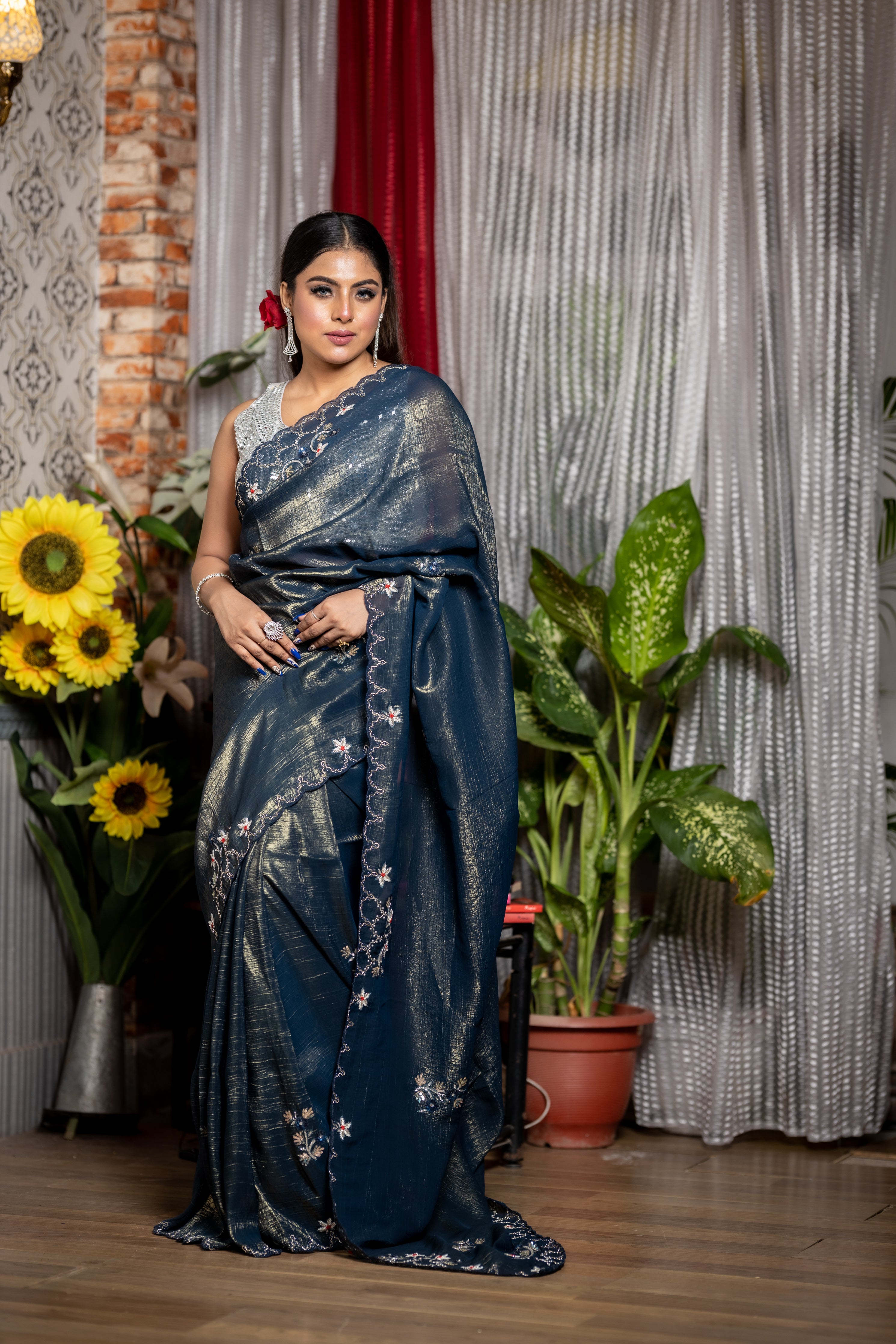 Rumi || Gunmetal Blue & Matte Gold Shimmer Organza Fancy Saree with all over Blue & Gold Sequins, Cut-dana & Stone Handwork Floral motif Buta and Moti, Sequins, Cut-dana, Resham, Zardosi & Stone Floral Border