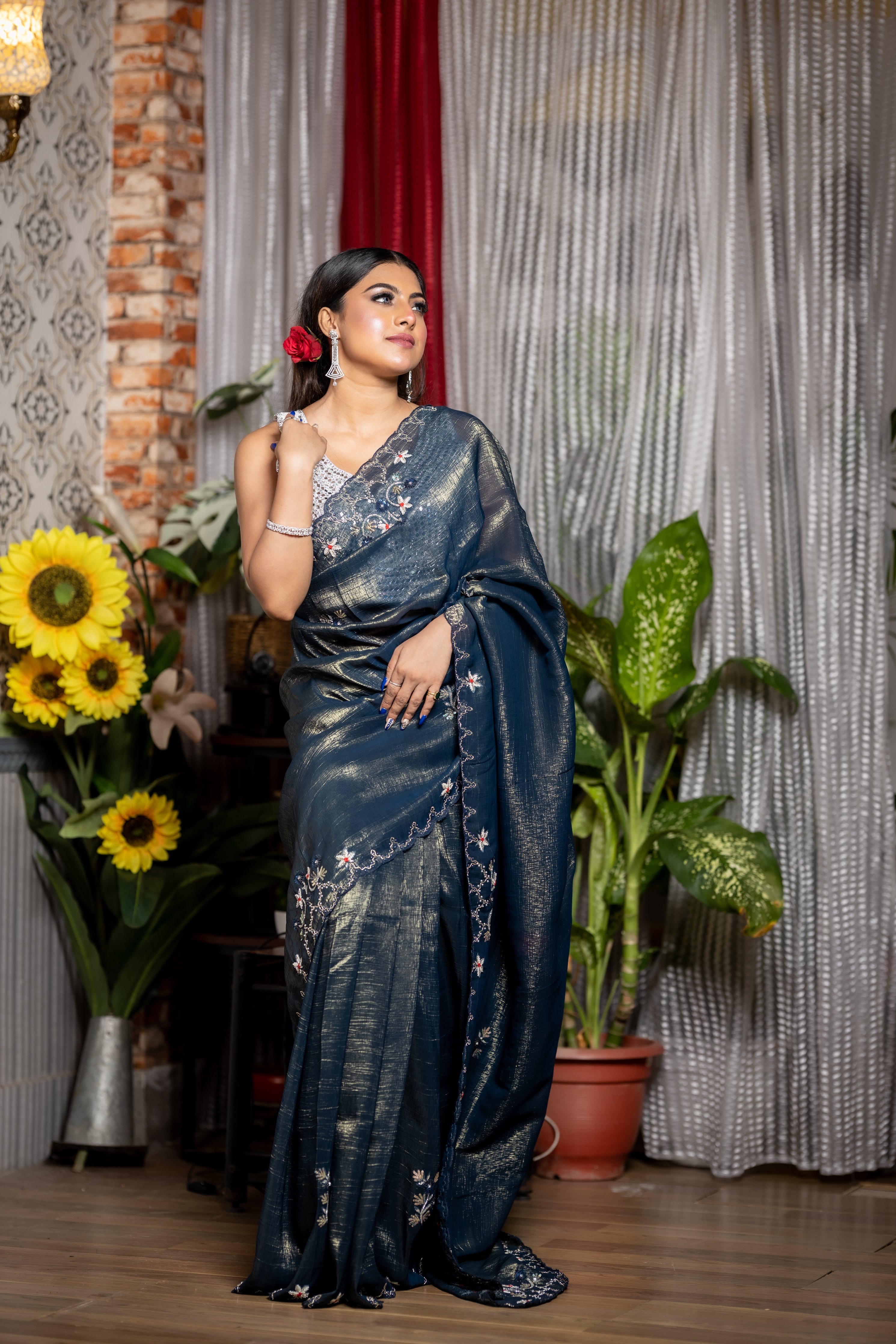 Rumi || Gunmetal Blue & Matte Gold Shimmer Organza Fancy Saree with all over Blue & Gold Sequins, Cut-dana & Stone Handwork Floral motif Buta and Moti, Sequins, Cut-dana, Resham, Zardosi & Stone Floral Border
