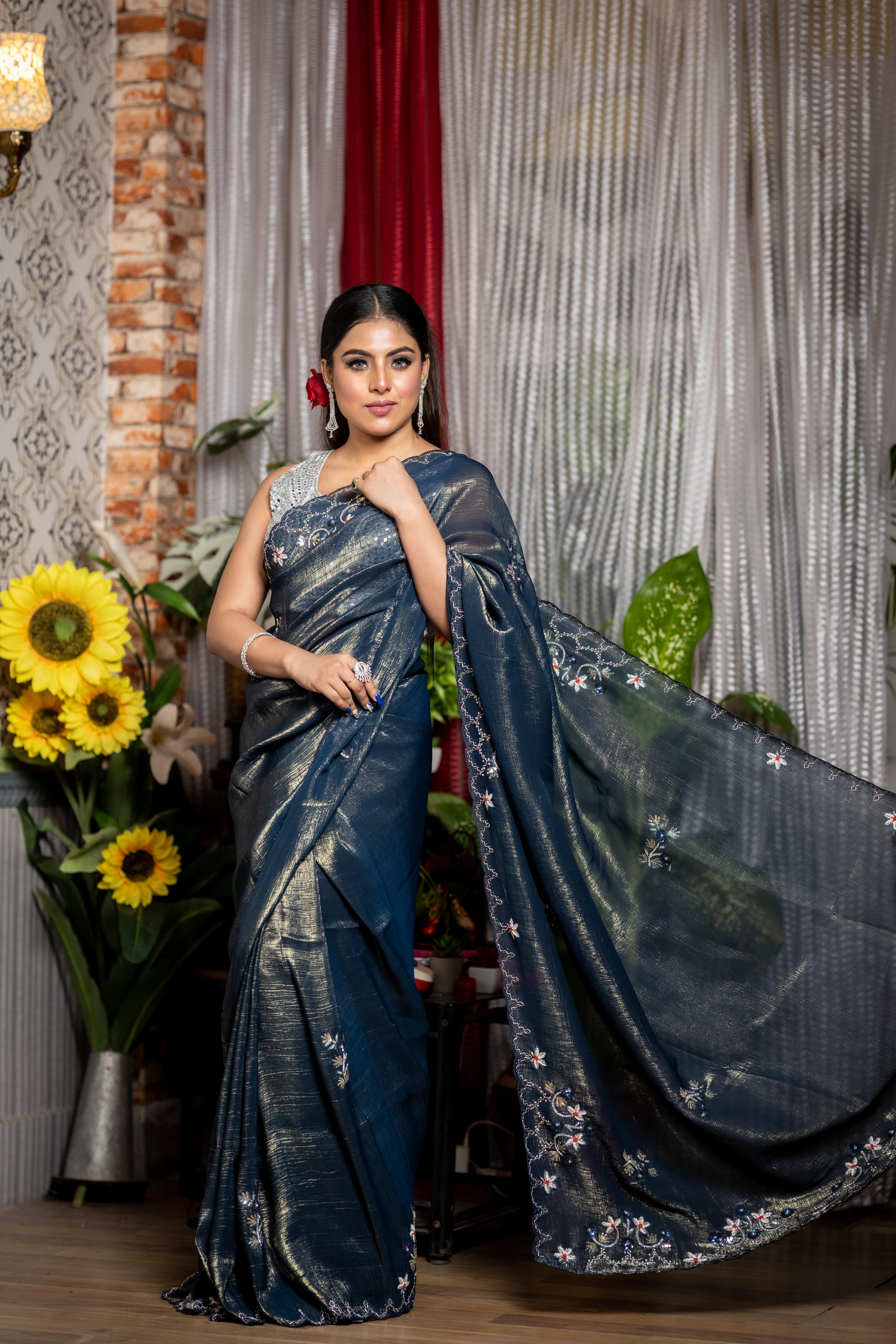 Rumi || Gunmetal Blue & Matte Gold Shimmer Organza Fancy Saree with all over Blue & Gold Sequins, Cut-dana & Stone Handwork Floral motif Buta and Moti, Sequins, Cut-dana, Resham, Zardosi & Stone Floral Border