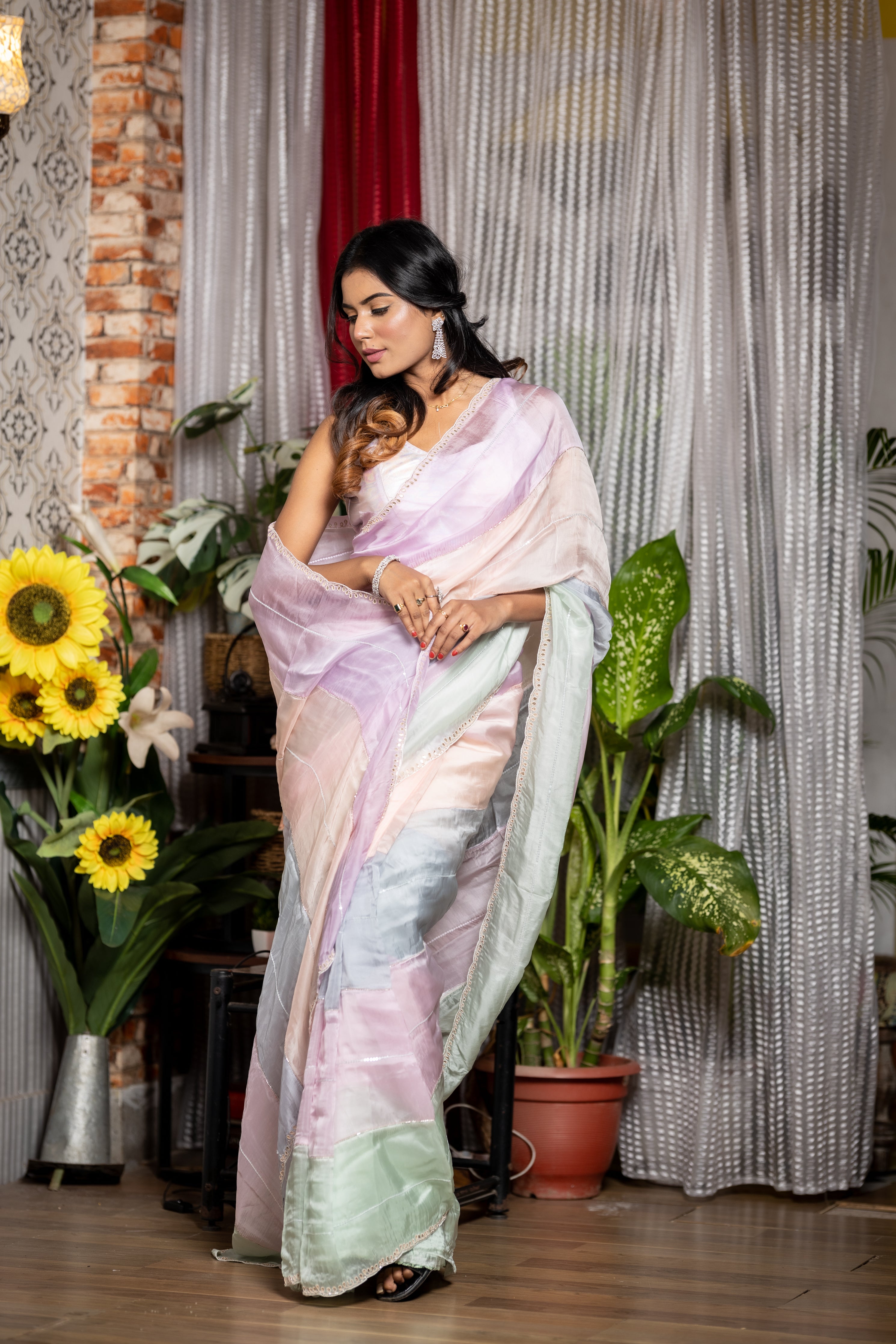 Genelia || Light & Dark tone Mint Green, Lavender, Ice Blue, Peach & Pastel Pink shaded Soft Organza Fancy Saree with all over Sequins & Cut-dana Stripe and Gota Patti Handwork Border