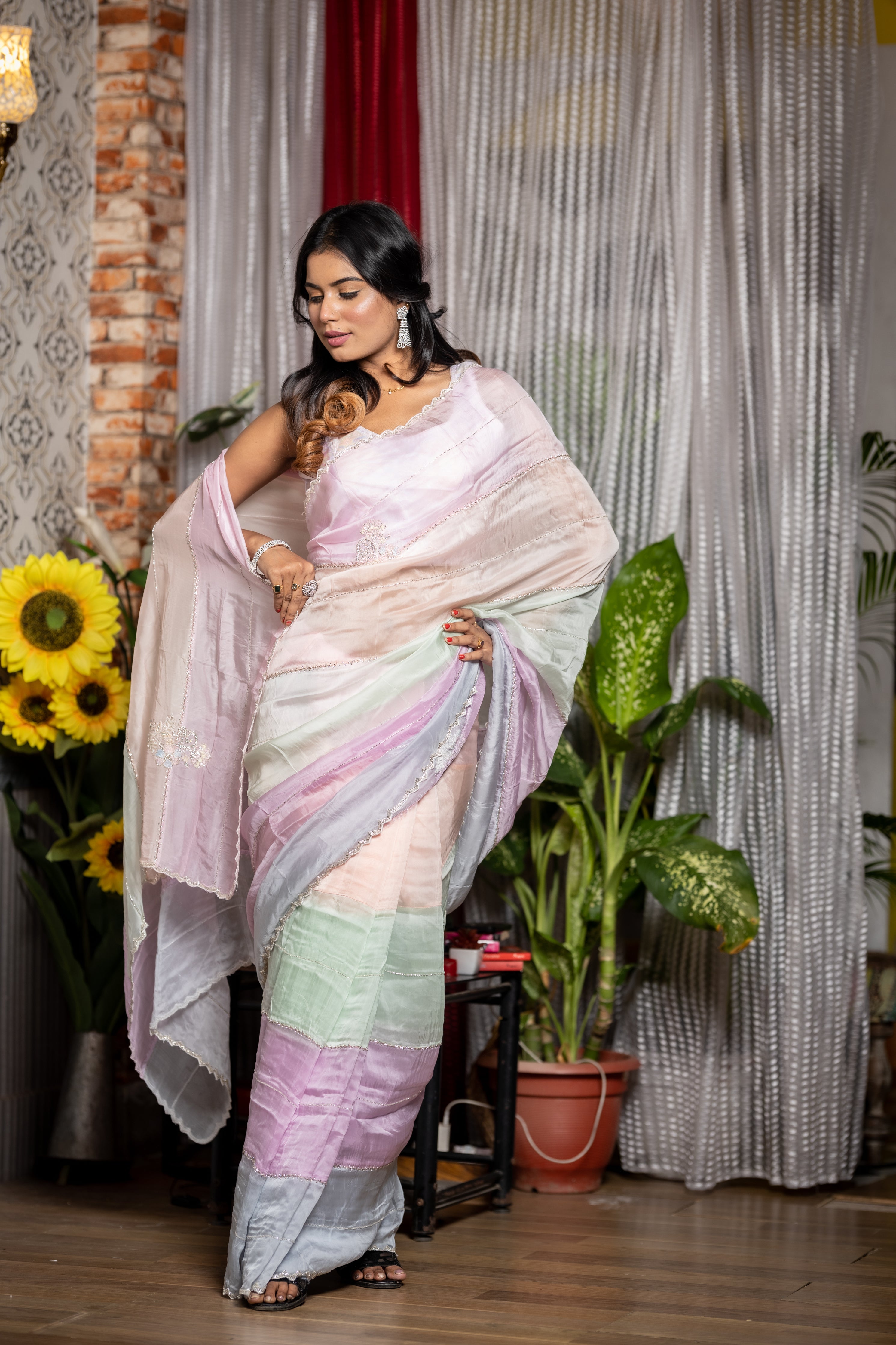 Marshmallow || Light & Dark tone Grey, Mint Green, Lavender, Ice Blue, Peach & Baby Pink shaded Soft Organza Fancy Saree with all over Stone & Cut-dana Stripe with Sequins, Moti, Cut-dana, Stone & Zardosi Handwork Floral motif Buta and Cut-dana Border
