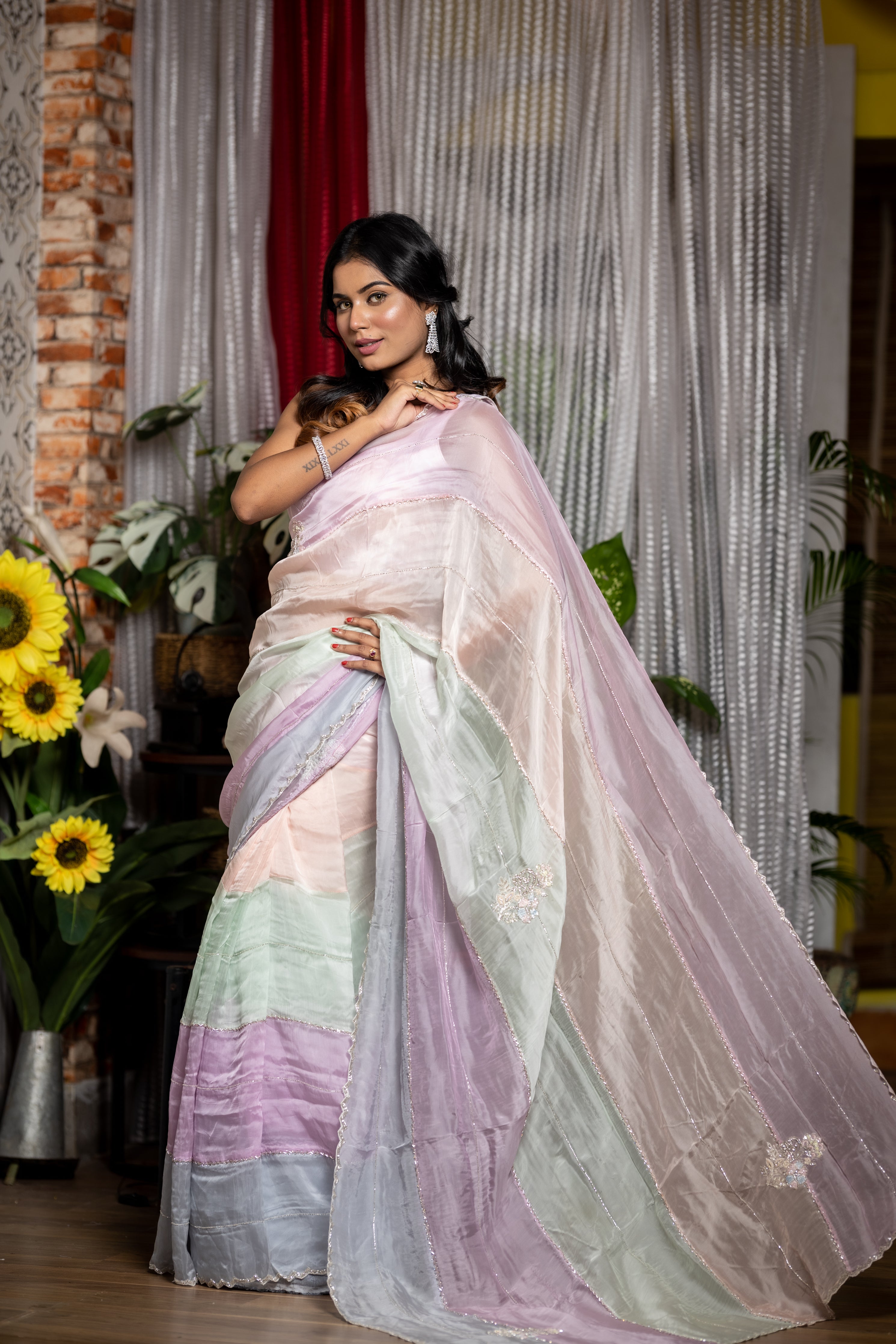 Marshmallow || Light & Dark tone Grey, Mint Green, Lavender, Ice Blue, Peach & Baby Pink shaded Soft Organza Fancy Saree with all over Stone & Cut-dana Stripe with Sequins, Moti, Cut-dana, Stone & Zardosi Handwork Floral motif Buta and Cut-dana Border