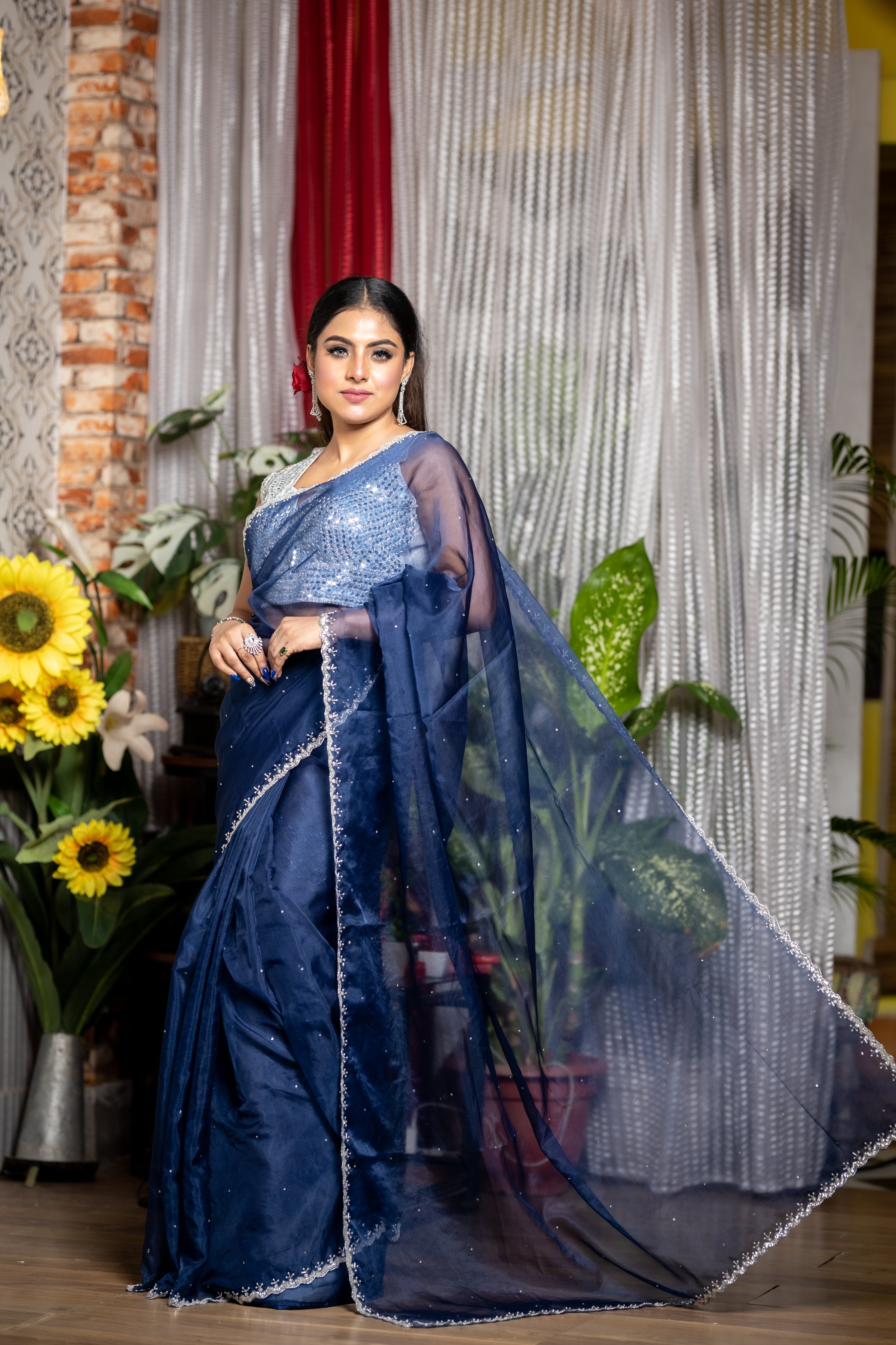 Sapphire || Navy Blue Soft Organza Fancy Saree with all over Stone and Silver Cut-dana & White Moti Handwork Border