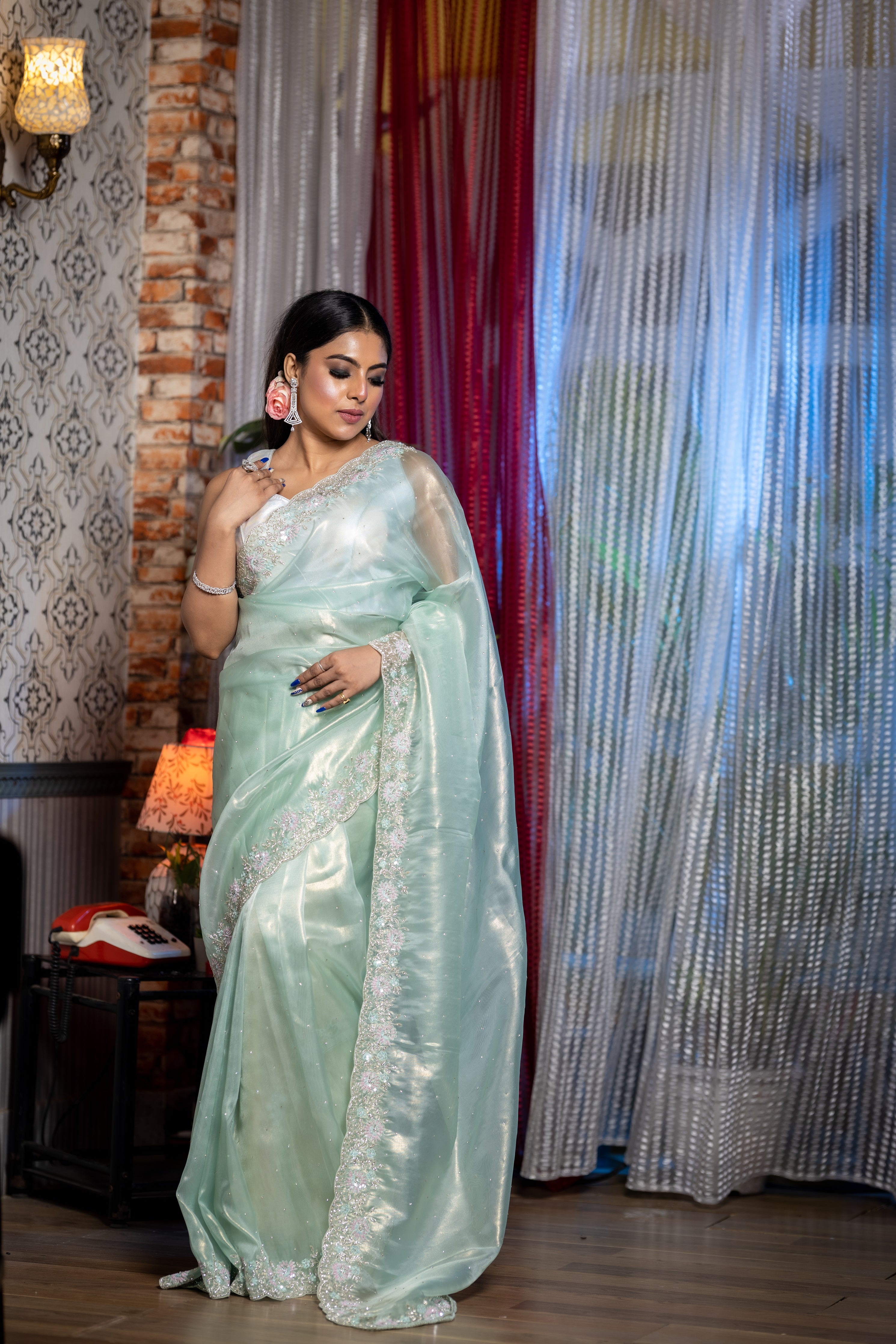 Ziva || Seafoam Green & Gold dual tone Raina Tissue Fancy Saree with all over Stone and Sequins, Stone & Cut-dana Handwork Floral Border