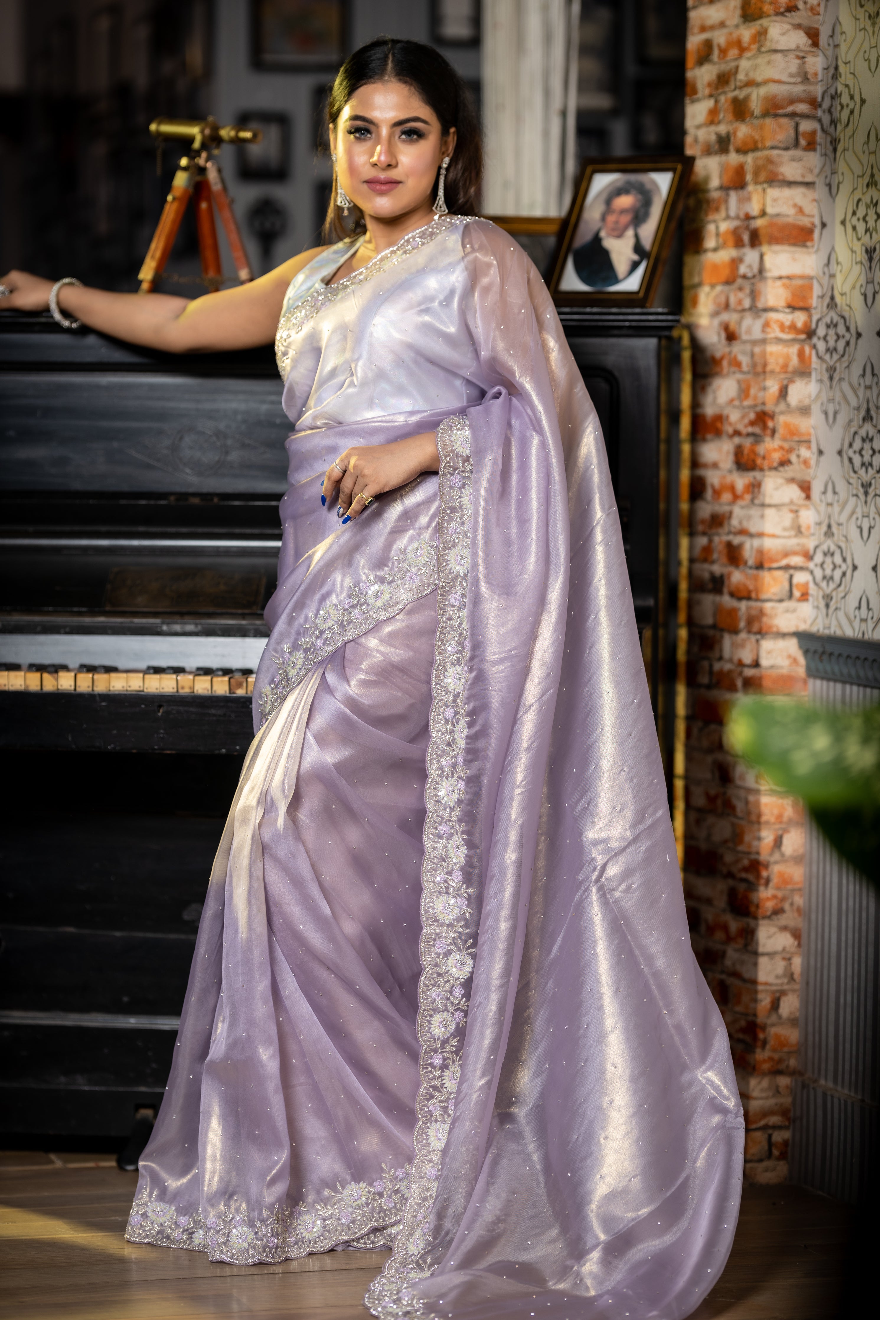 Laaj || Lavender & Gold dual tone Raina Tissue Fancy Saree with all over Stone and Sequins, Stone & Cut-dana Handwork Floral Border