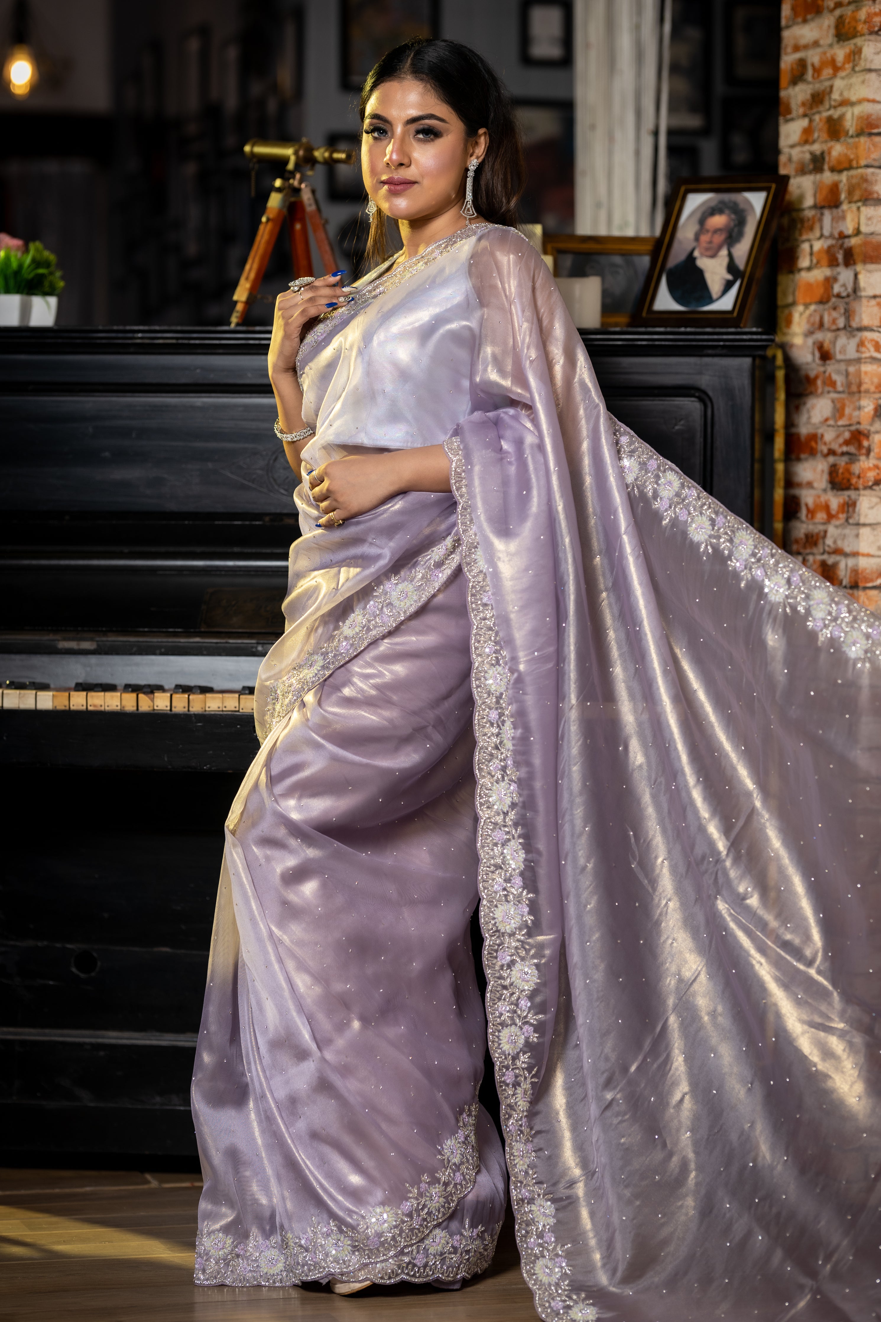 Laaj || Lavender & Gold dual tone Raina Tissue Fancy Saree with all over Stone and Sequins, Stone & Cut-dana Handwork Floral Border