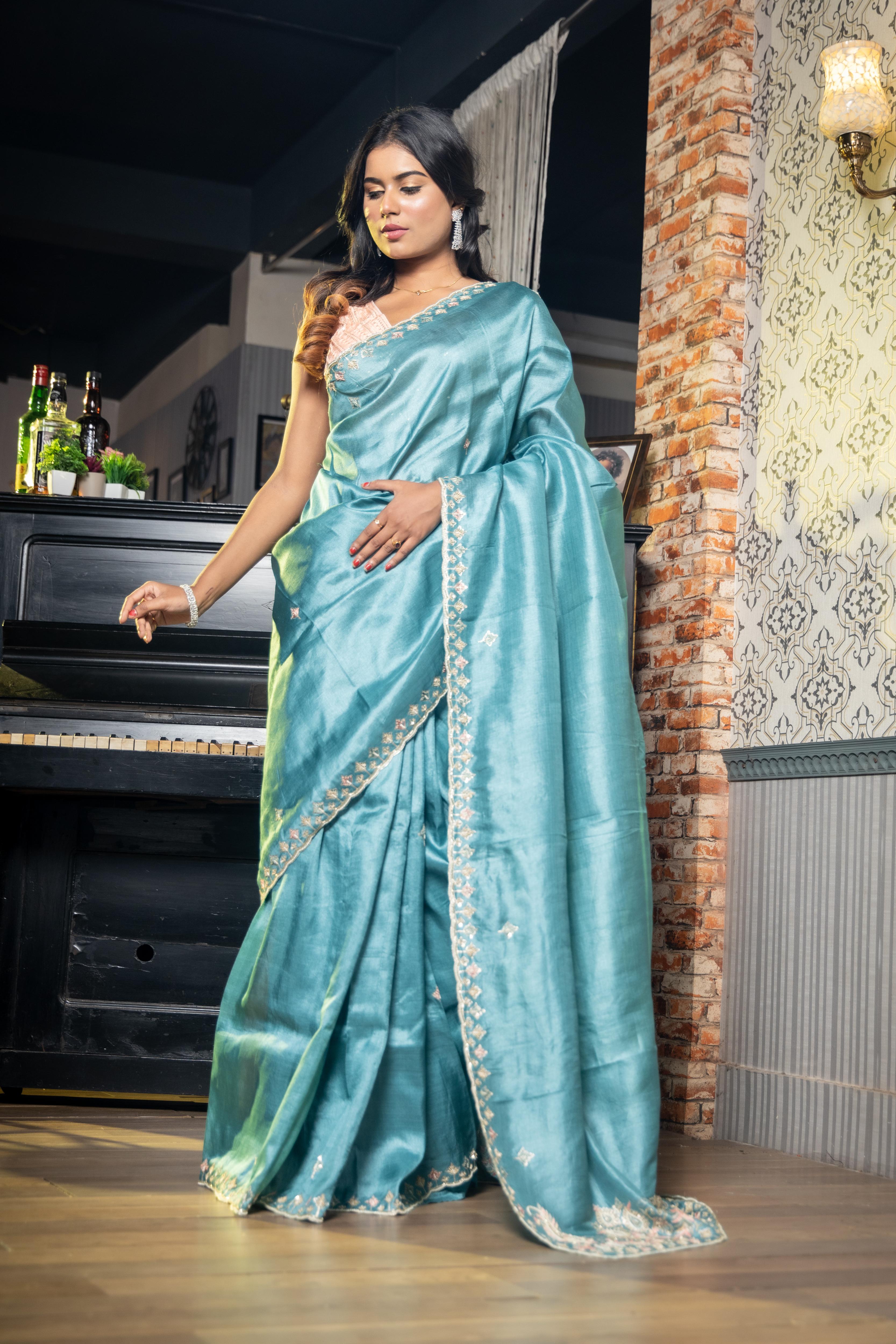 Arna || Dusty Blue Pure Tussar Silk Hand Embroidery Saree with all over Multi-colour Resham Floral Buti and Pita Zari-Moti- Zardozi highlights