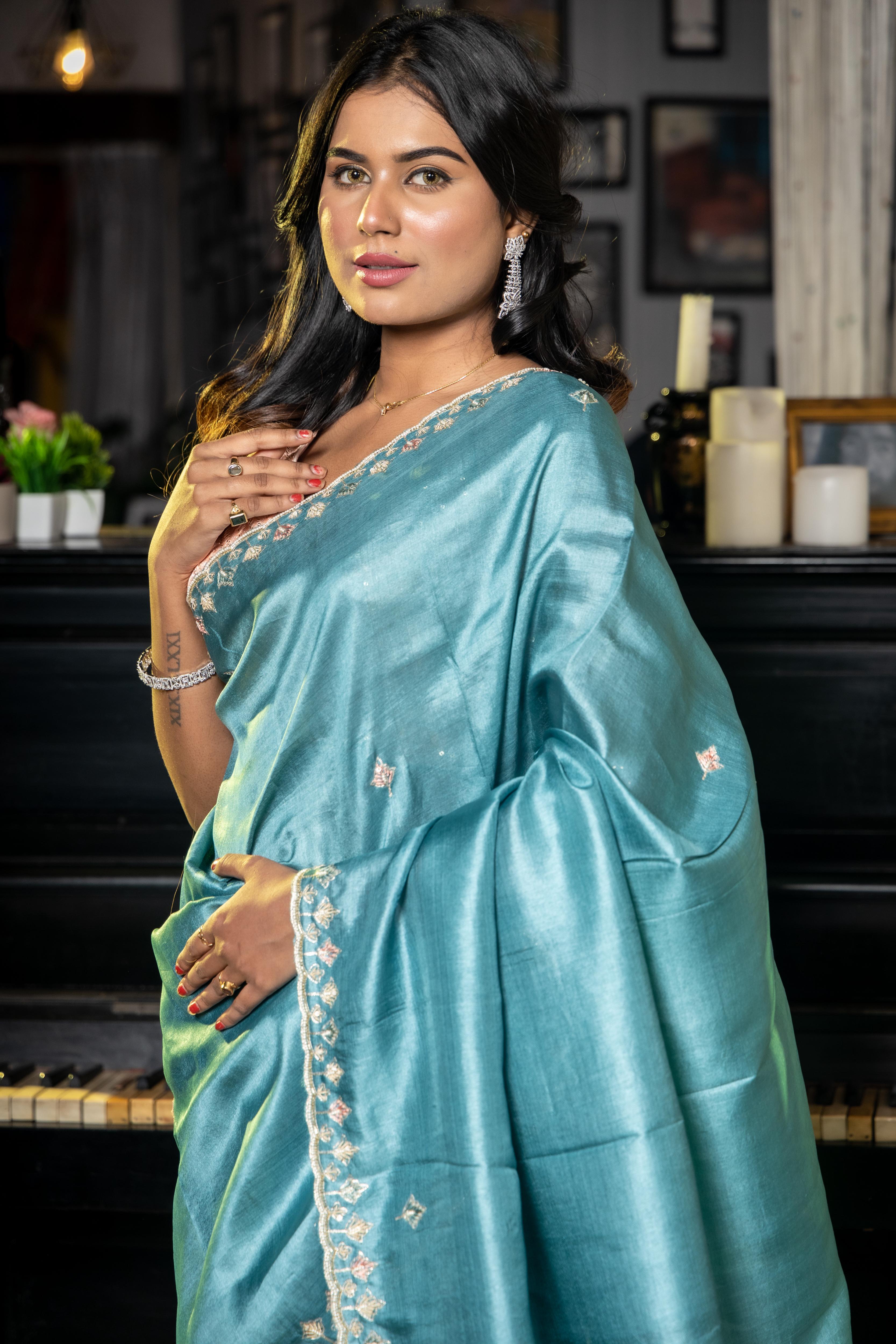 Arna || Dusty Blue Pure Tussar Silk Hand Embroidery Saree with all over Multi-colour Resham Floral Buti and Pita Zari-Moti- Zardozi highlights