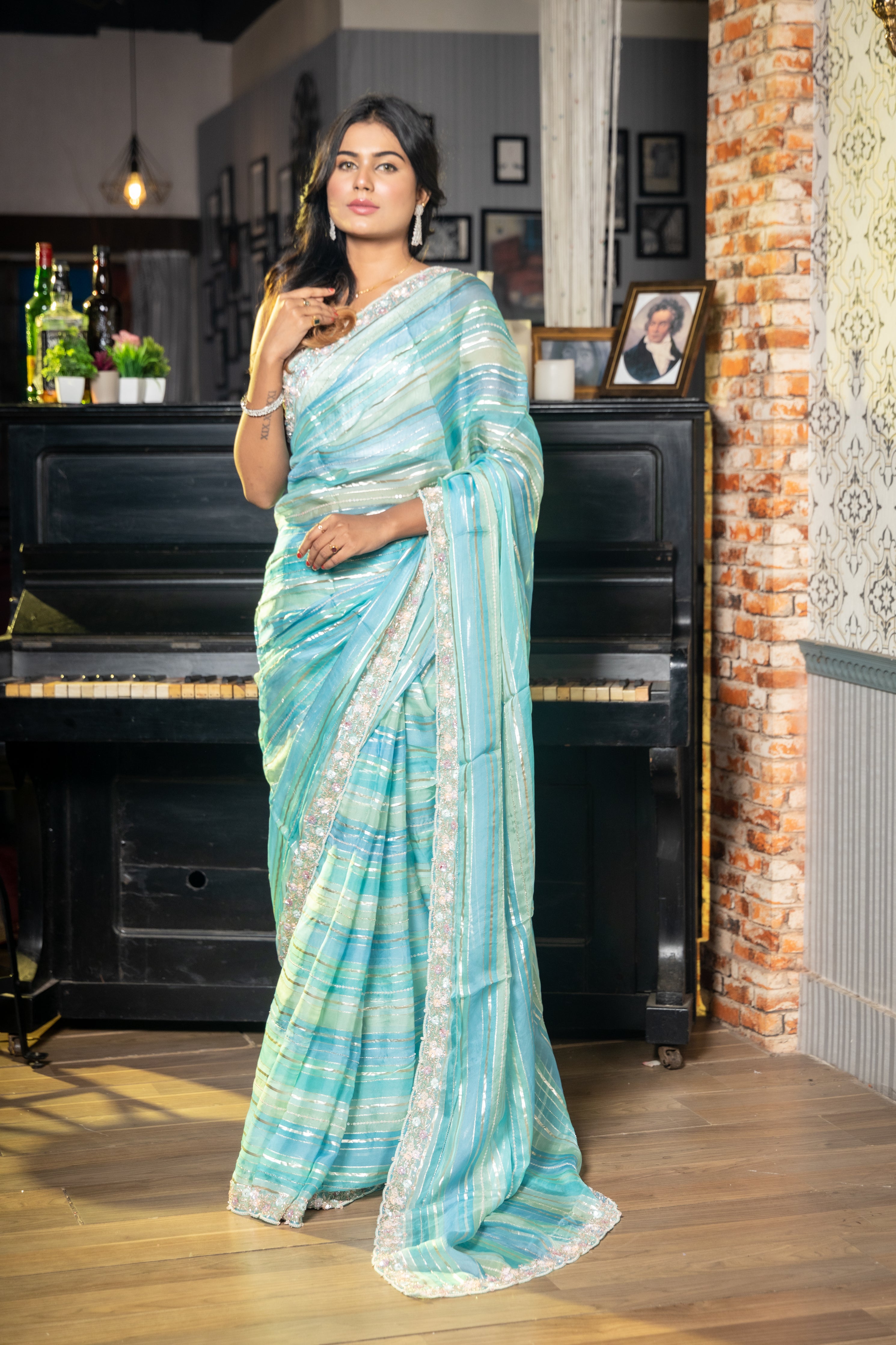 Blue Lagoon || Sea Green & Sky Blue Multi-shade Colour block Striped Soft Organza Fancy Saree with all over Antique Silver Zari & Sequins Stripe and Multi-colour Sequins, Moti & Cut-dana Handwork Floral Border with Stone highlights