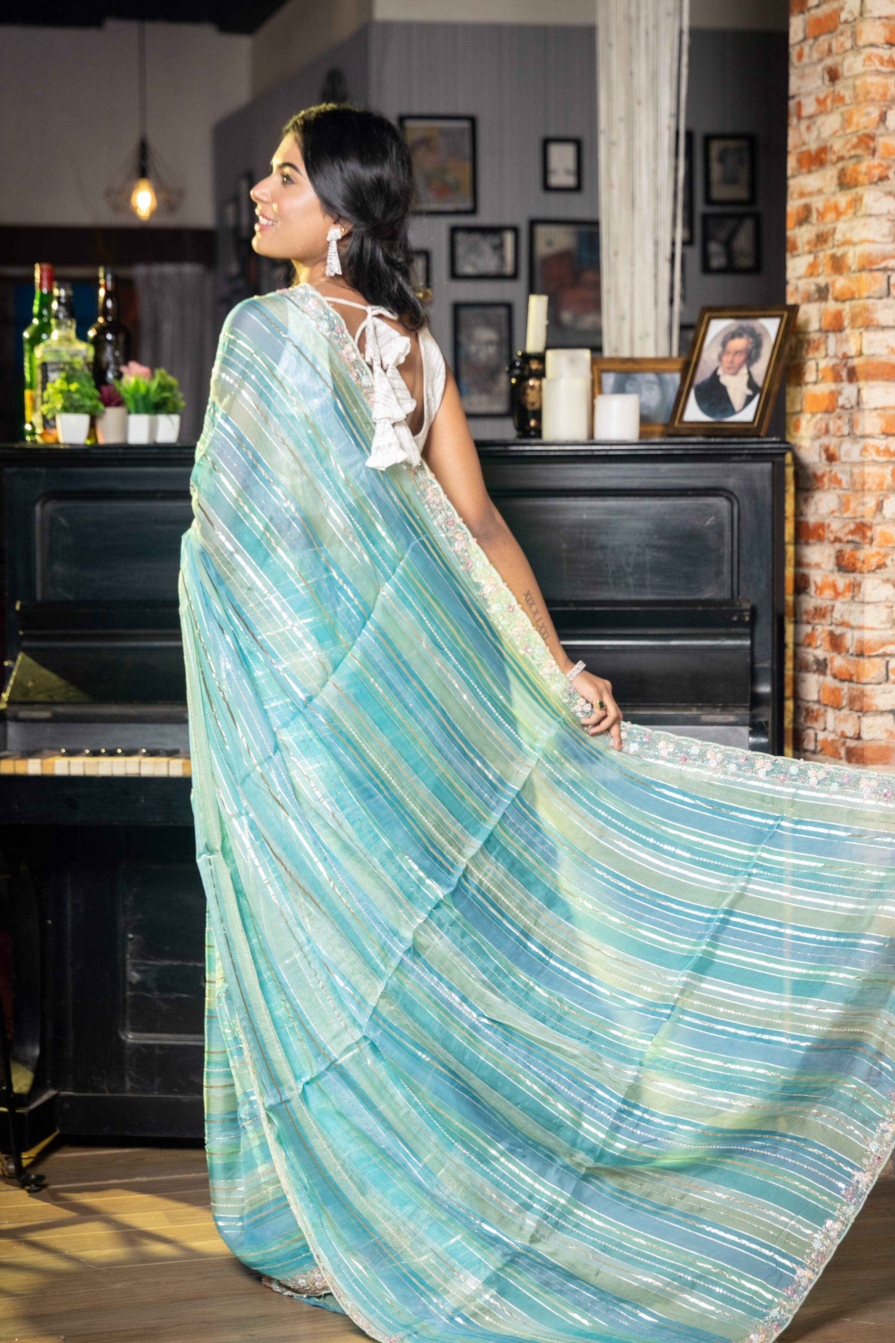 Blue Lagoon || Sea Green & Sky Blue Multi-shade Colour block Striped Soft Organza Fancy Saree with all over Antique Silver Zari & Sequins Stripe and Multi-colour Sequins, Moti & Cut-dana Handwork Floral Border with Stone highlights