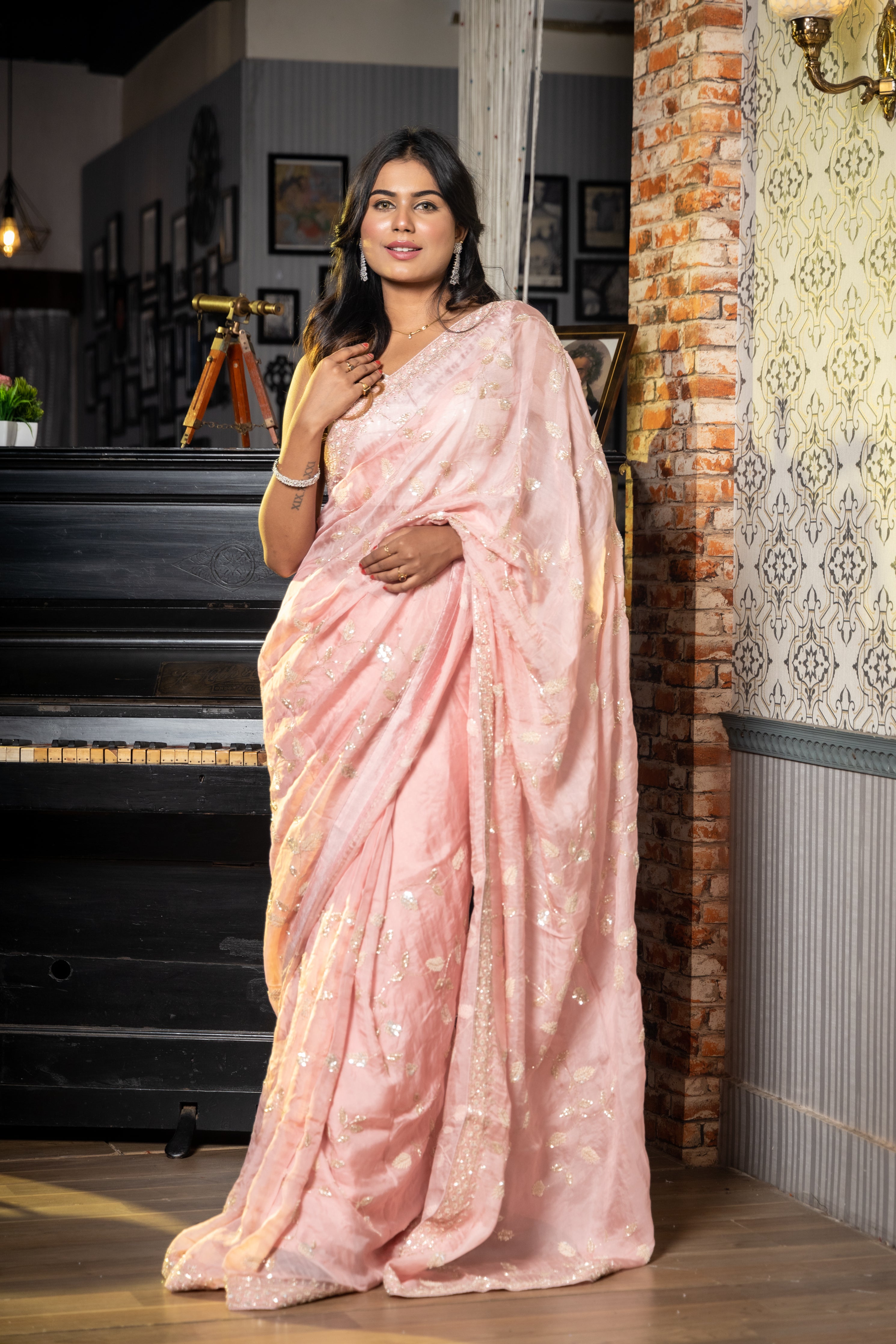 First Love || Rose Pink Lily Organza Fancy Saree with all over Silver & Pale Pink Sequins & Cut-dana Handwork Buti & 'Leaf' motif Jaal and Border