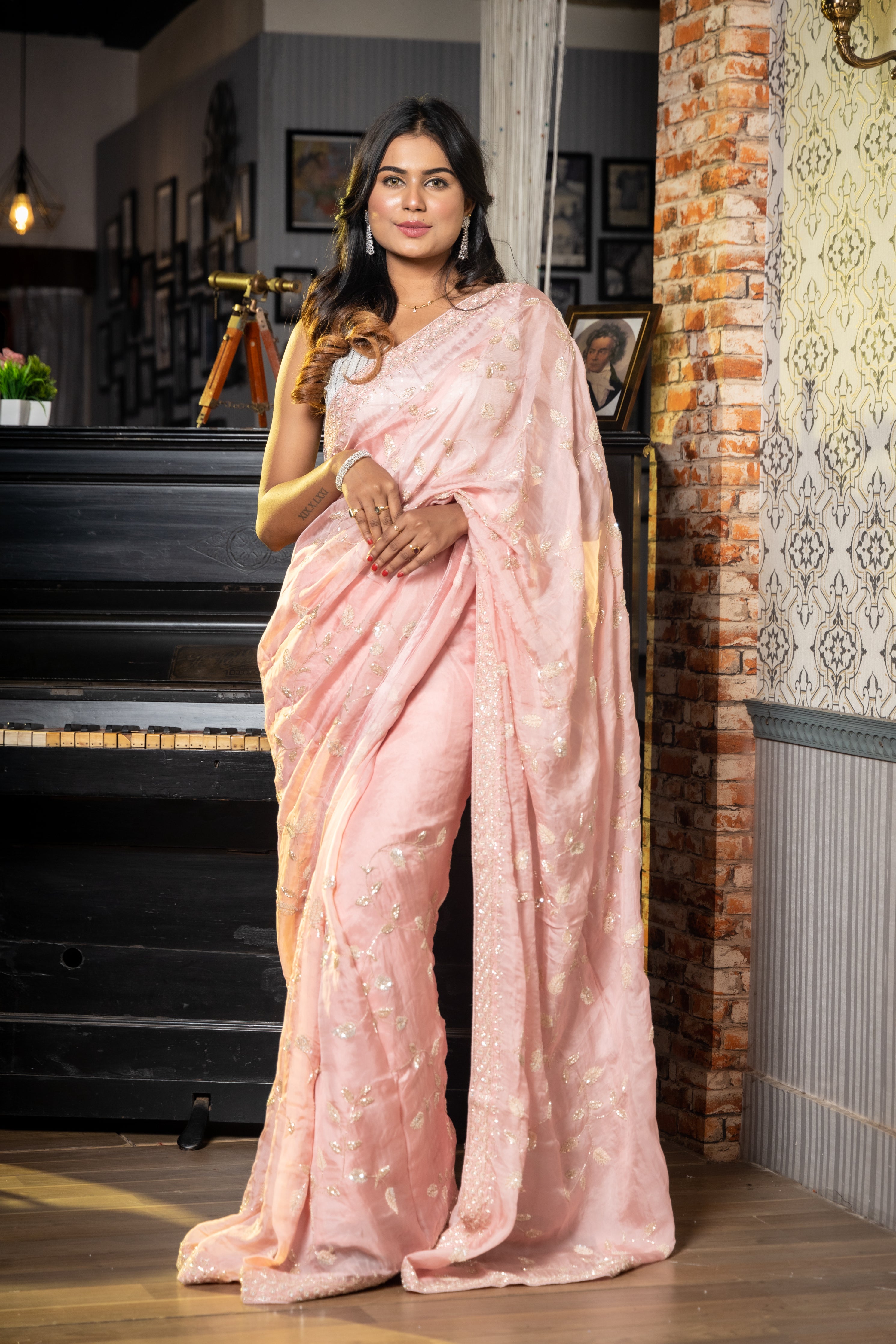 First Love || Rose Pink Lily Organza Fancy Saree with all over Silver & Pale Pink Sequins & Cut-dana Handwork Buti & 'Leaf' motif Jaal and Border