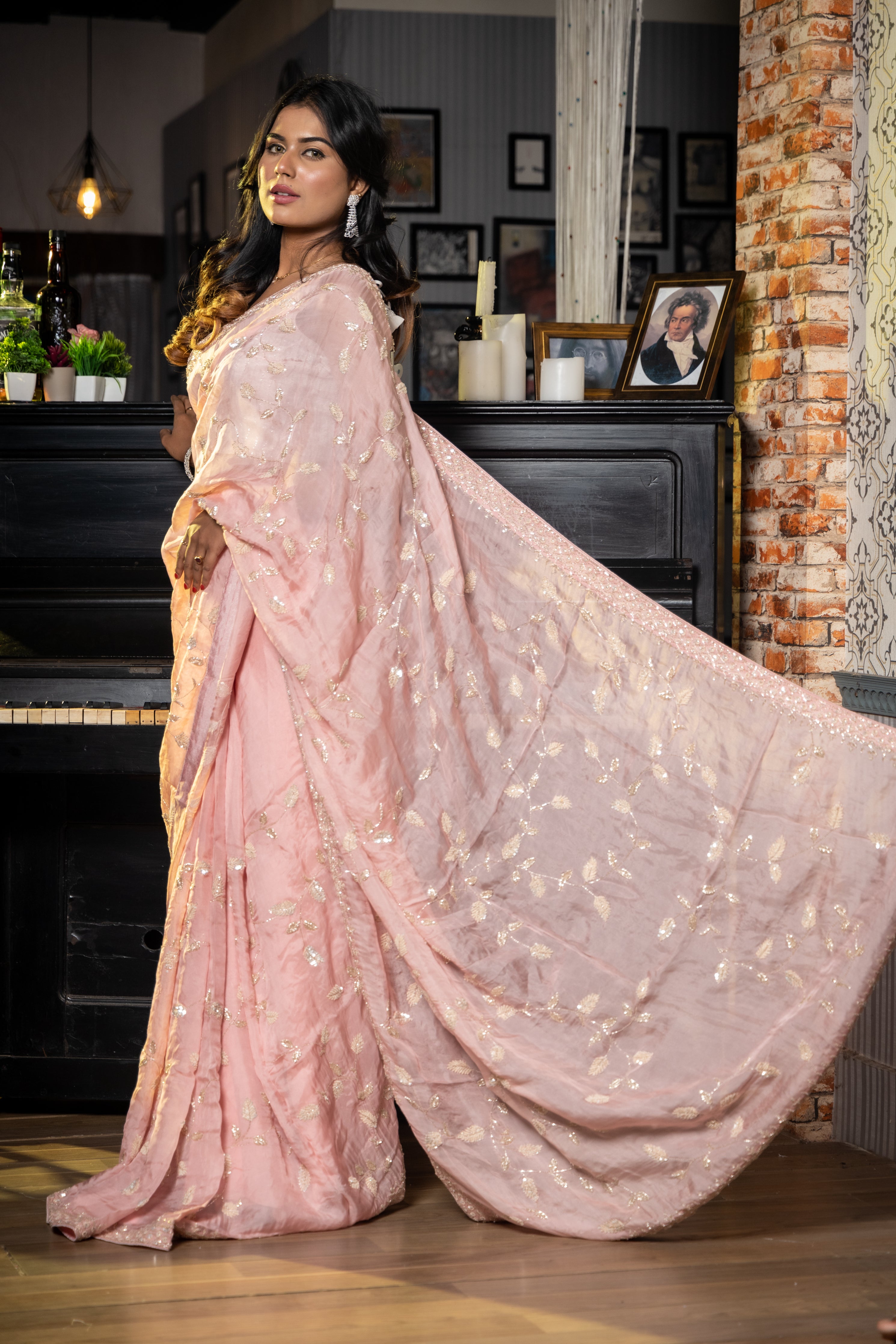 First Love || Rose Pink Lily Organza Fancy Saree with all over Silver & Pale Pink Sequins & Cut-dana Handwork Buti & 'Leaf' motif Jaal and Border