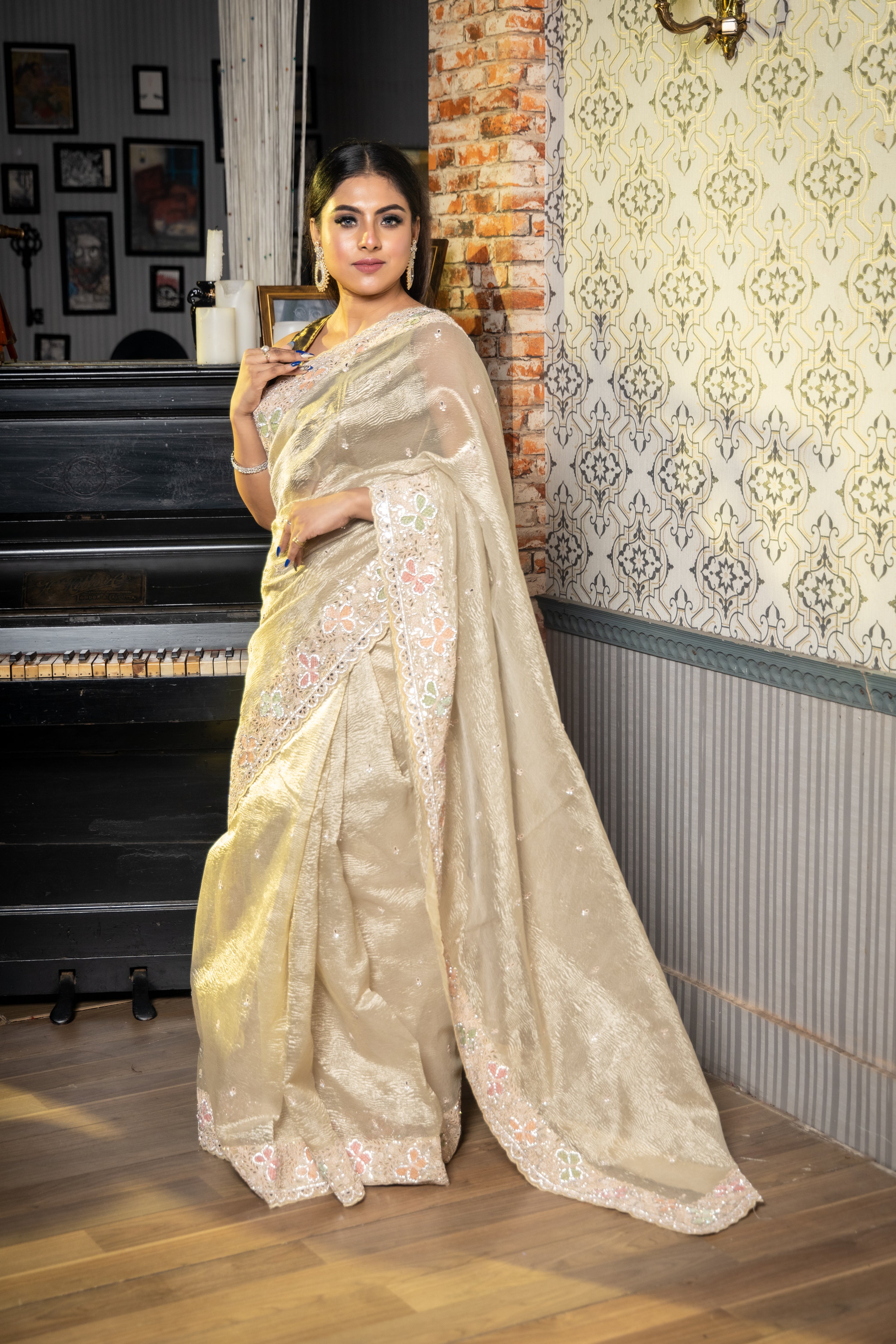 Titli || Light Golden Crushed Tissue Fancy Saree with all over Peta Zari, Cut-dana, Moti & Stone Handwork Buti and Border