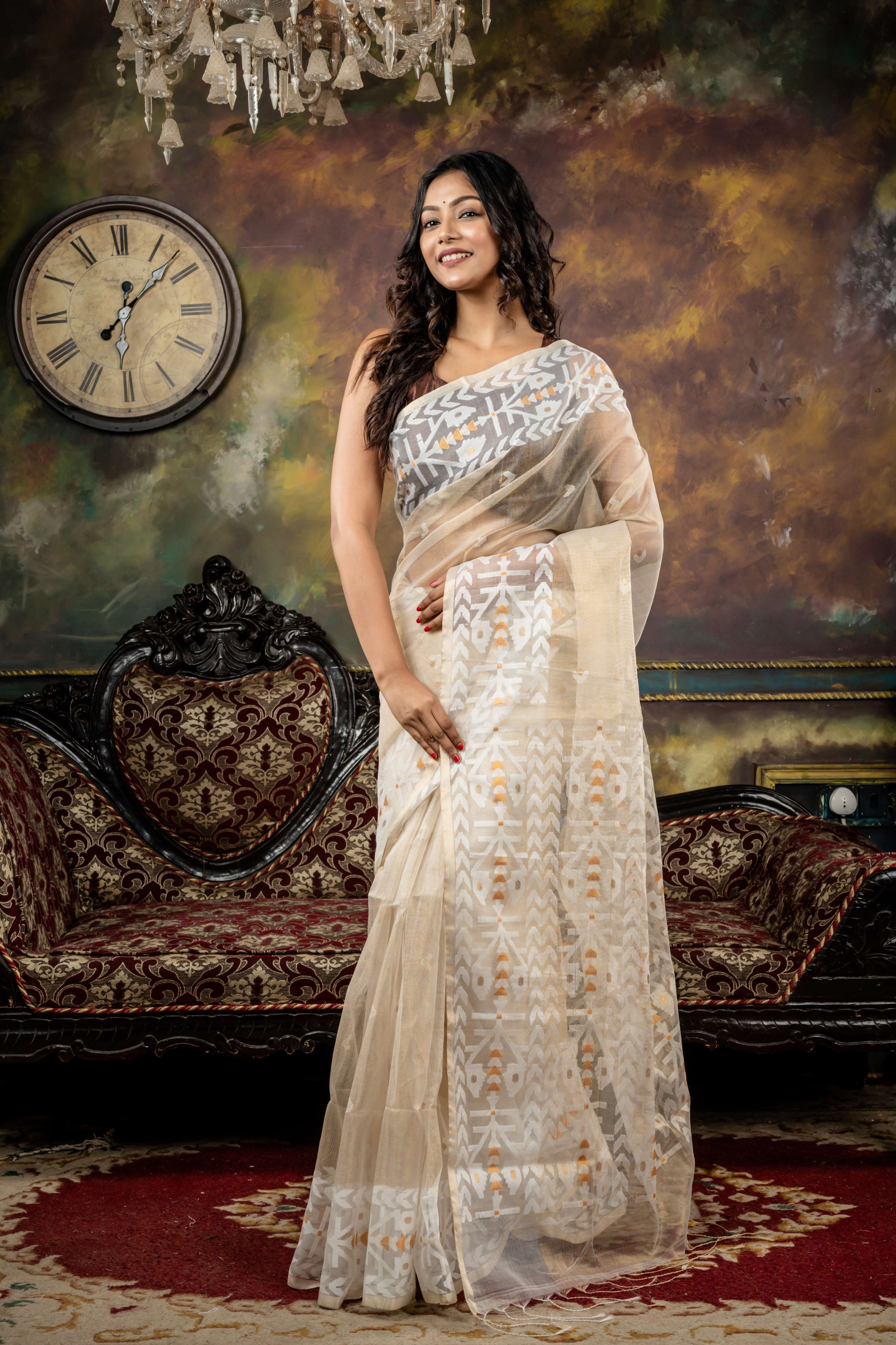 Bithika || Beige & Gold dual tone Tissue Muslin Bengal Handloom Saree with all over White & Copper Zari Jamdani Buti, Border and Pallu