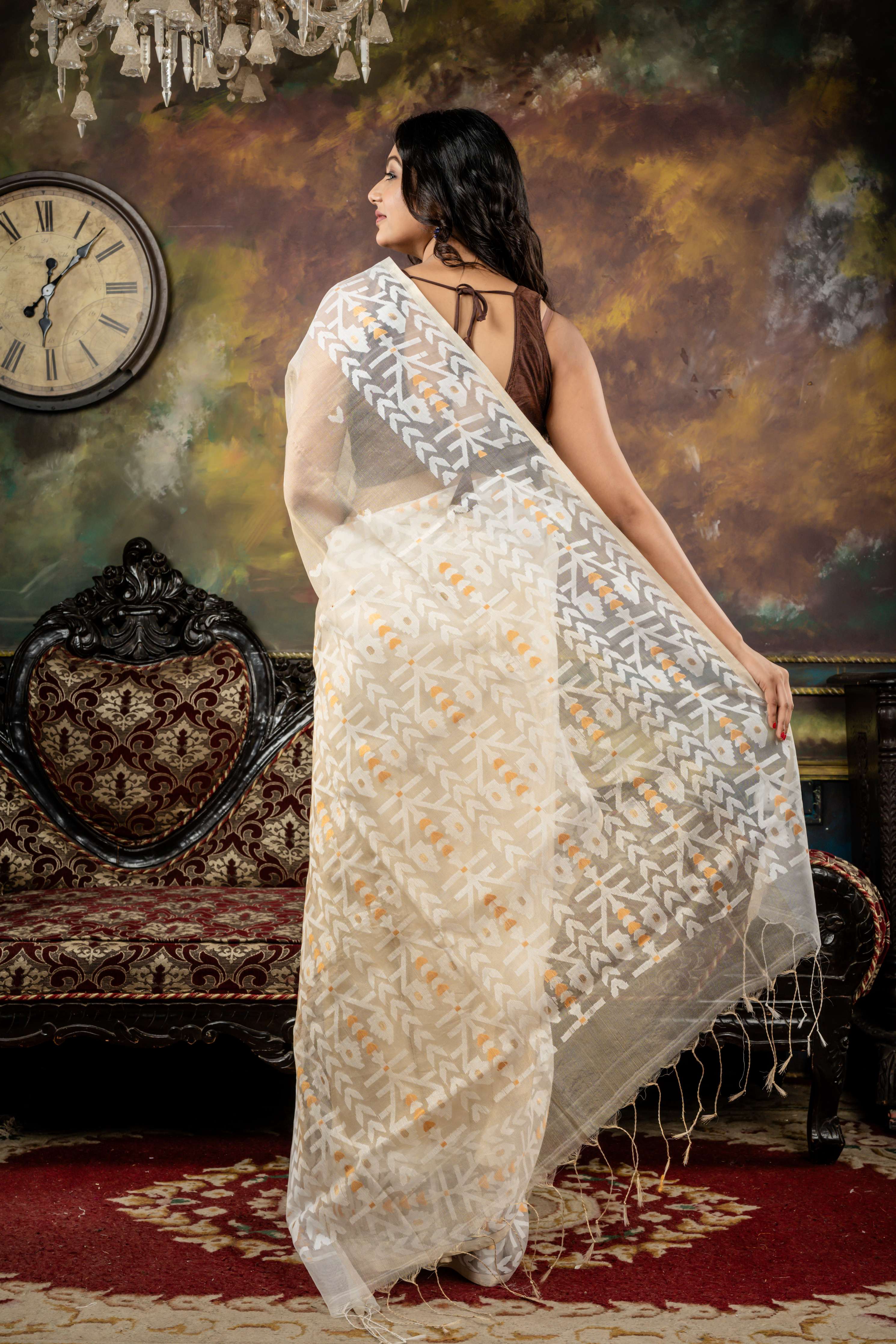 Bithika || Beige & Gold dual tone Tissue Muslin Bengal Handloom Saree with all over White & Copper Zari Jamdani Buti, Border and Pallu