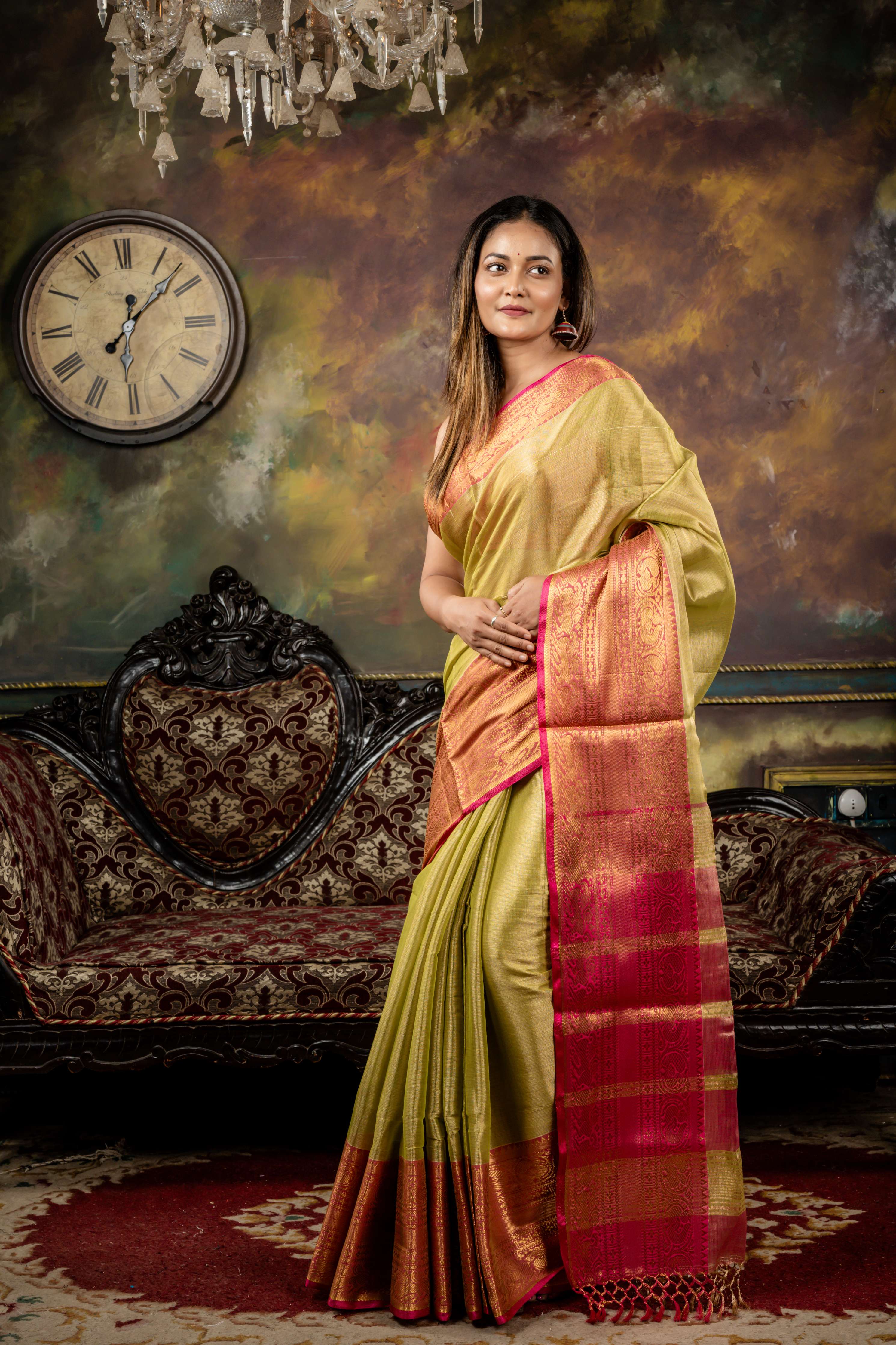Kuhu || Light Metallic Olive Green Tissue Linen Bengal Handloom Saree with Plain Body, Magenta Pink Kanchipuram design 'Mahapadh' Border and block Stripe Pallu