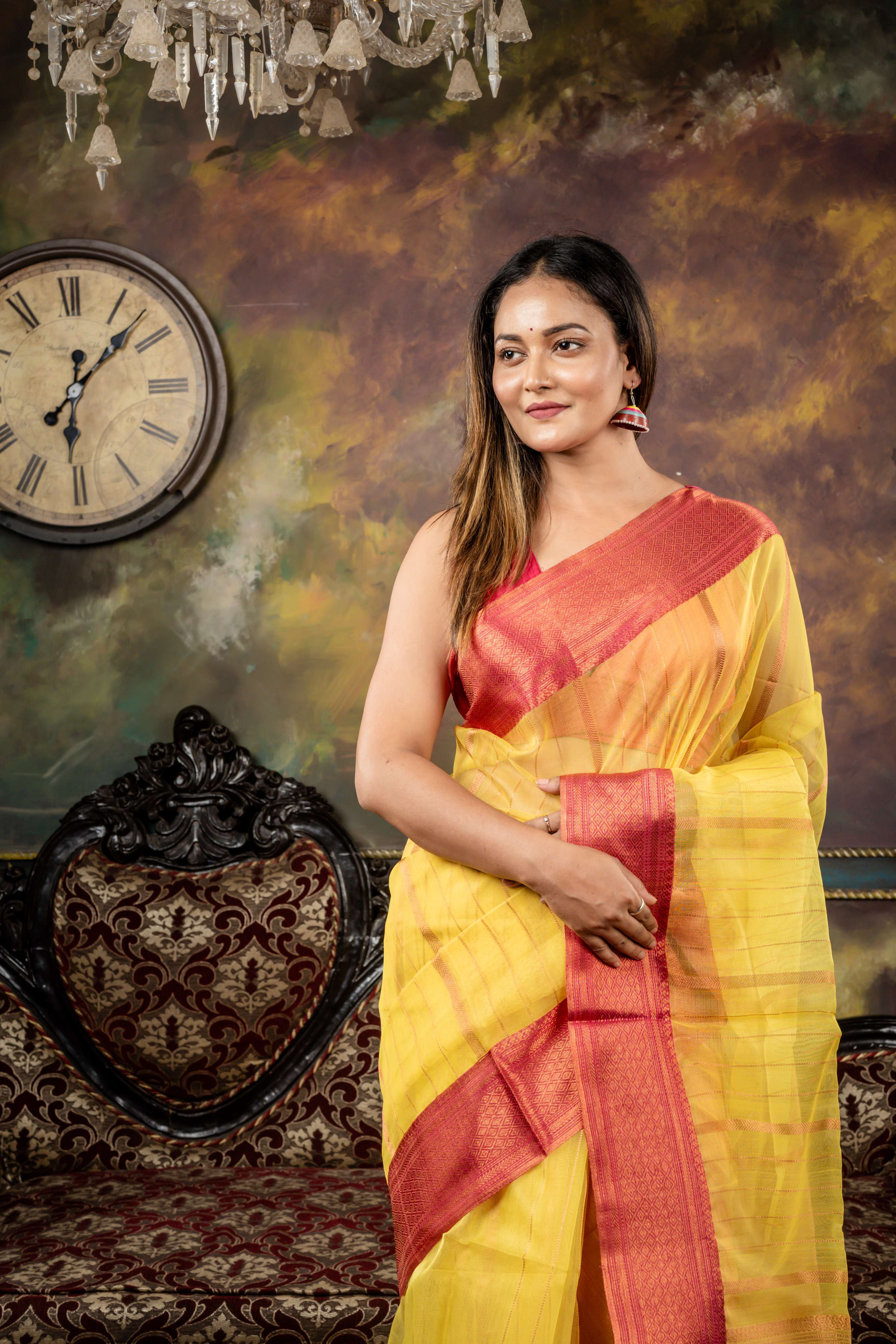 Agnija || Bright Yellow Muslin Saree with all over Copper Zari woven Stripes, Magenta Pink Border & Brocade Pallu