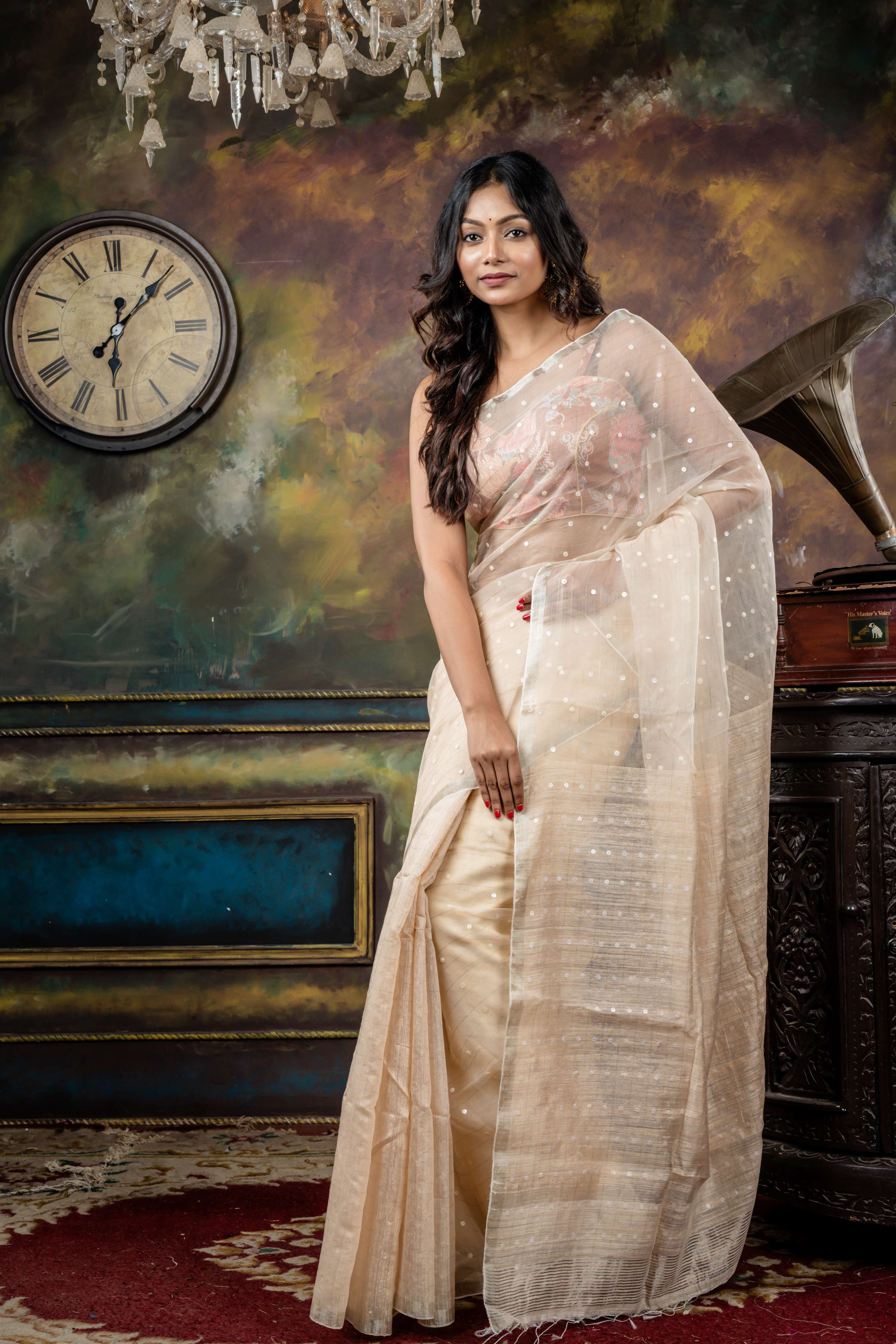 Ektara || Pearl White Half Matka & Half Muslin Bengal Handloom Saree with Half Body Plain, woven Sea Shell buttons with Silver Zari Stripes Half Body & Pallu and Silver Zari Border