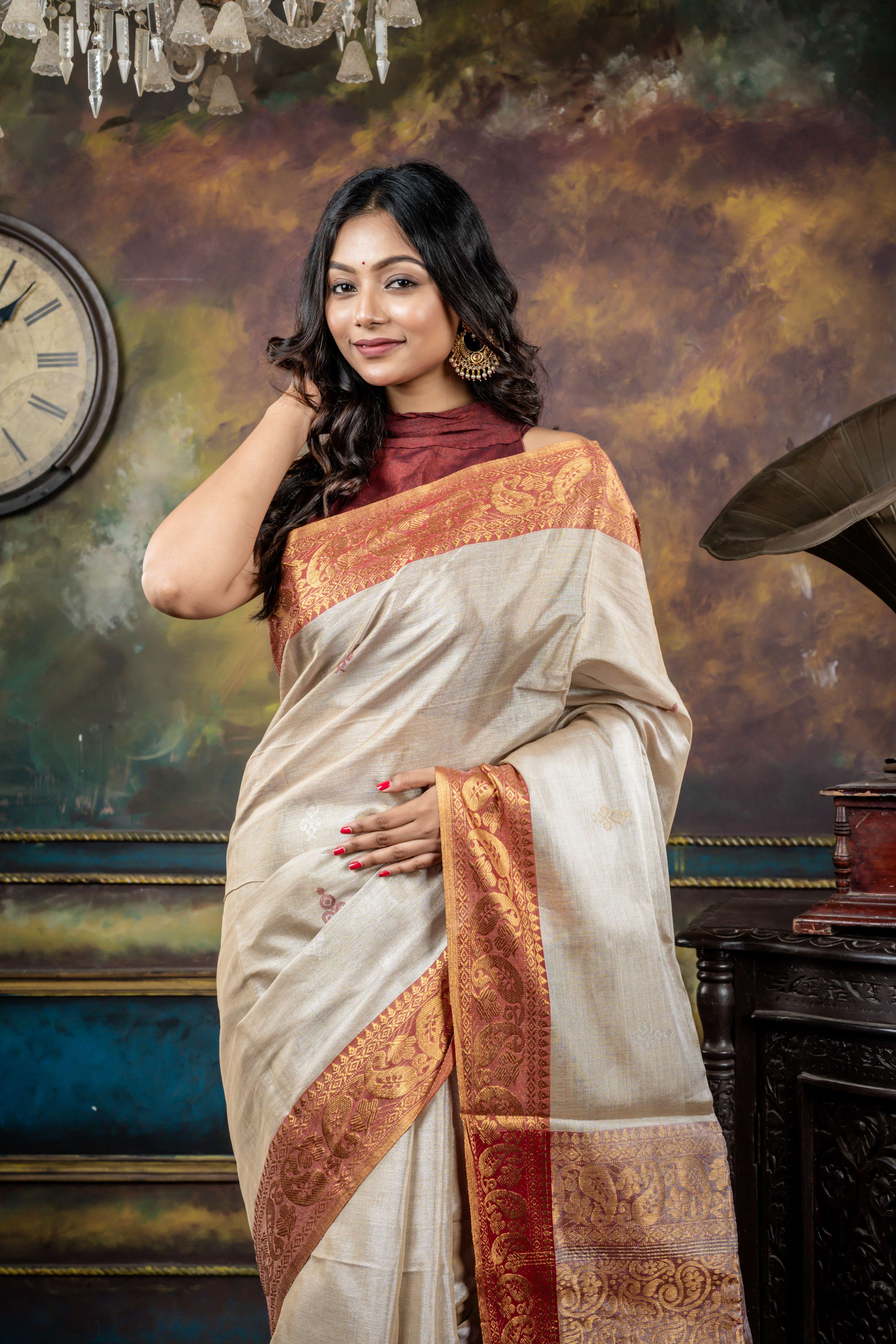 Tanya || Light Gold & Silver dual tone Tissue Linen Bengal Handloom Saree with all over Maroon Resham, Silver Zari & Gold Zari Buta and Kanchipuram Border & Pallu
