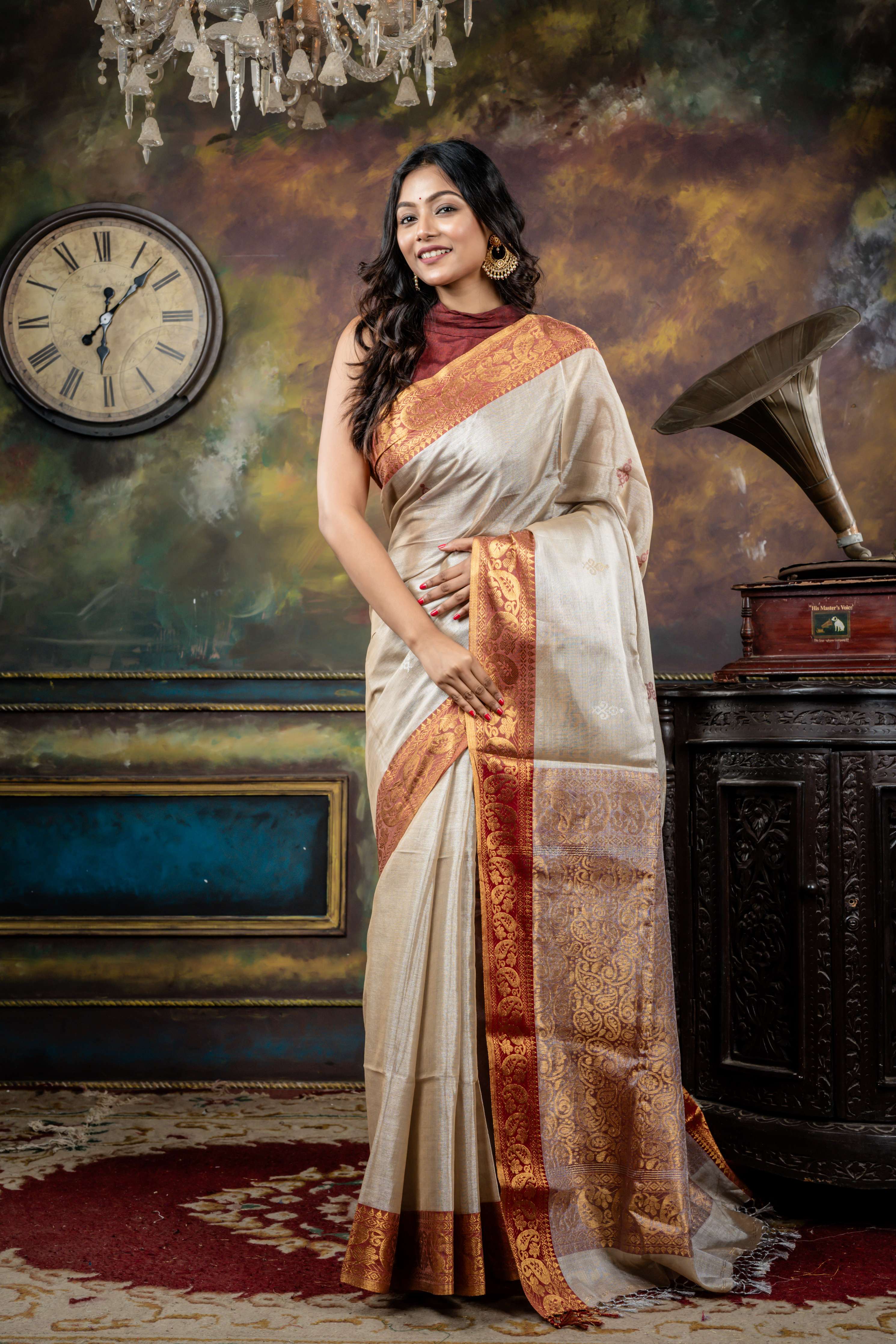 Tanya || Light Gold & Silver dual tone Tissue Linen Bengal Handloom Saree with all over Maroon Resham, Silver Zari & Gold Zari Buta and Kanchipuram Border & Pallu