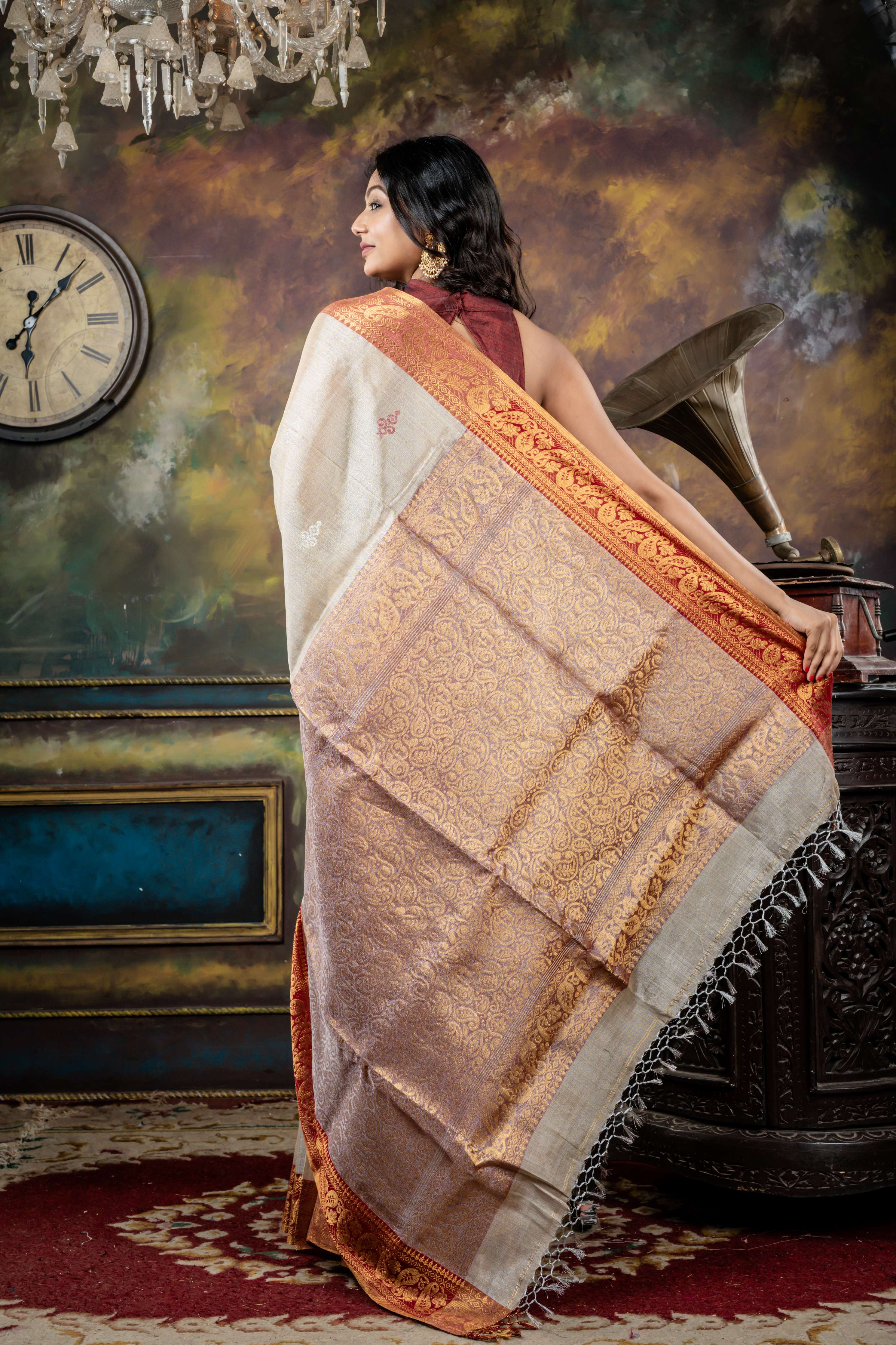Tanya || Light Gold & Silver dual tone Tissue Linen Bengal Handloom Saree with all over Maroon Resham, Silver Zari & Gold Zari Buta and Kanchipuram Border & Pallu