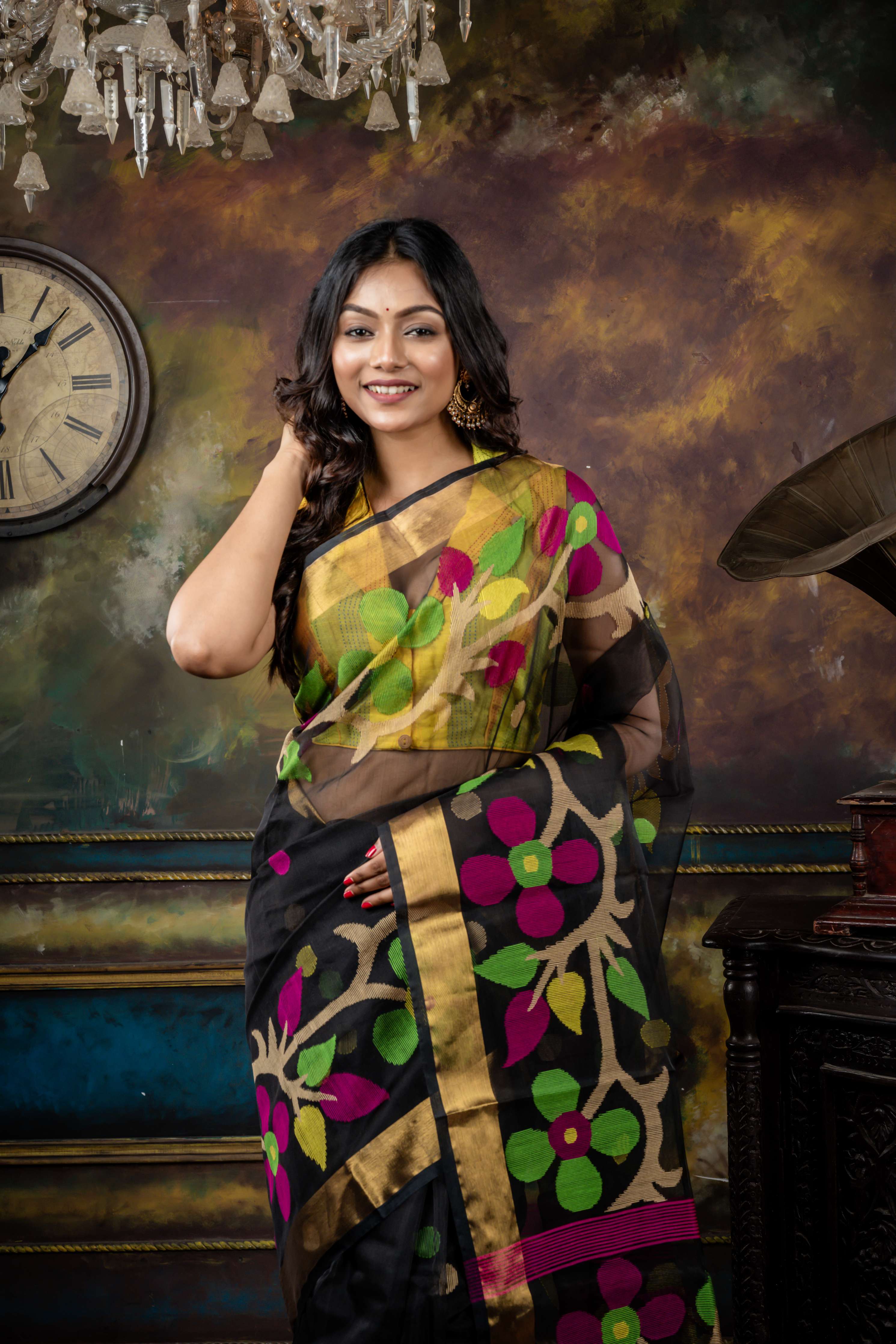 Tamosha || Black Premium Muslin Bengal Handloom Saree with all over Multi-colour woven Polka Dots, Floral Jamdani & Antique Gold Zari Border and Pallu