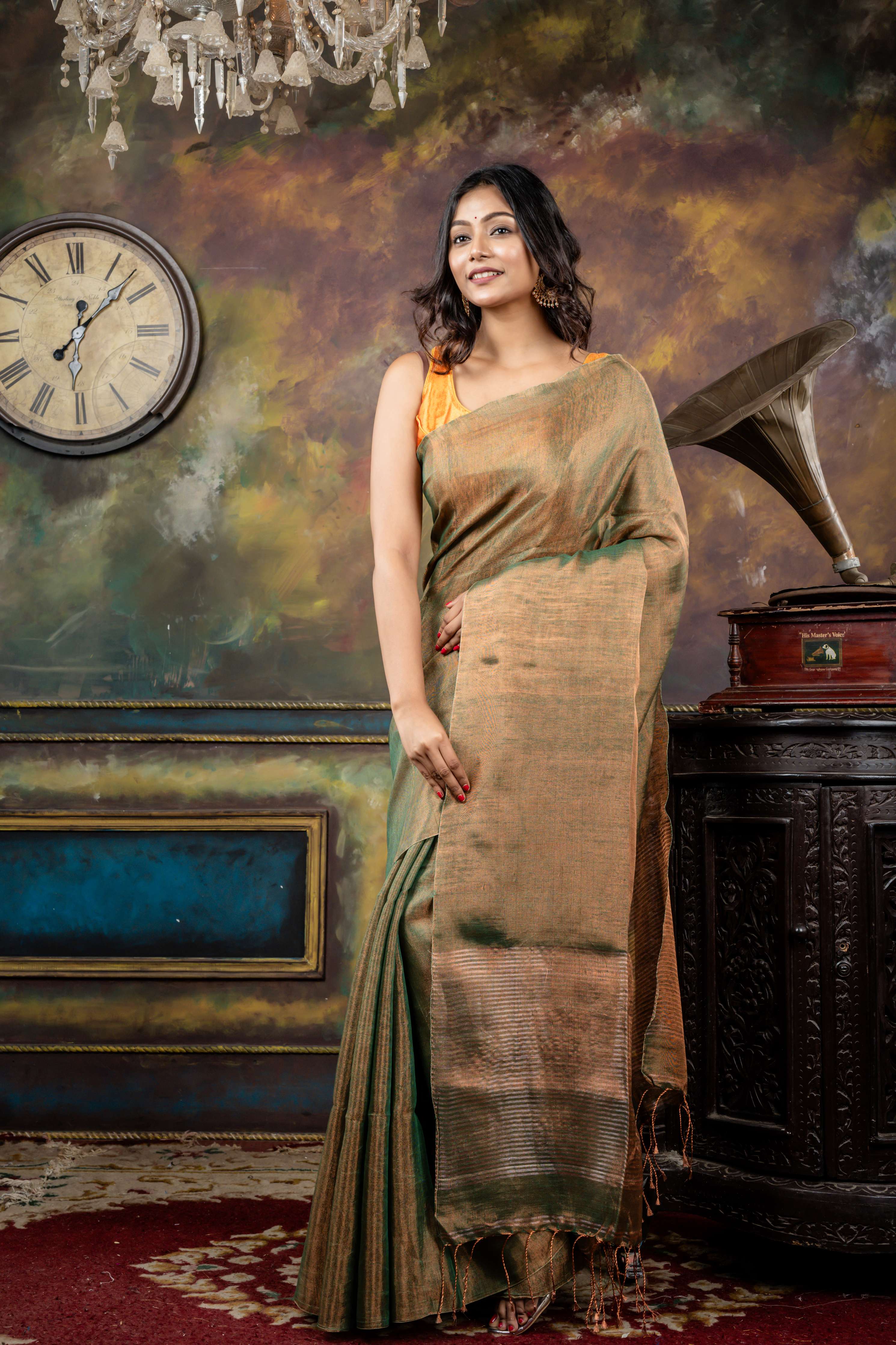 Shaili || Dark Sap Green & Copper dual tone Metallic Tissue Linen Bengal Handloom Saree with Metallic Copper Stripe Pallu