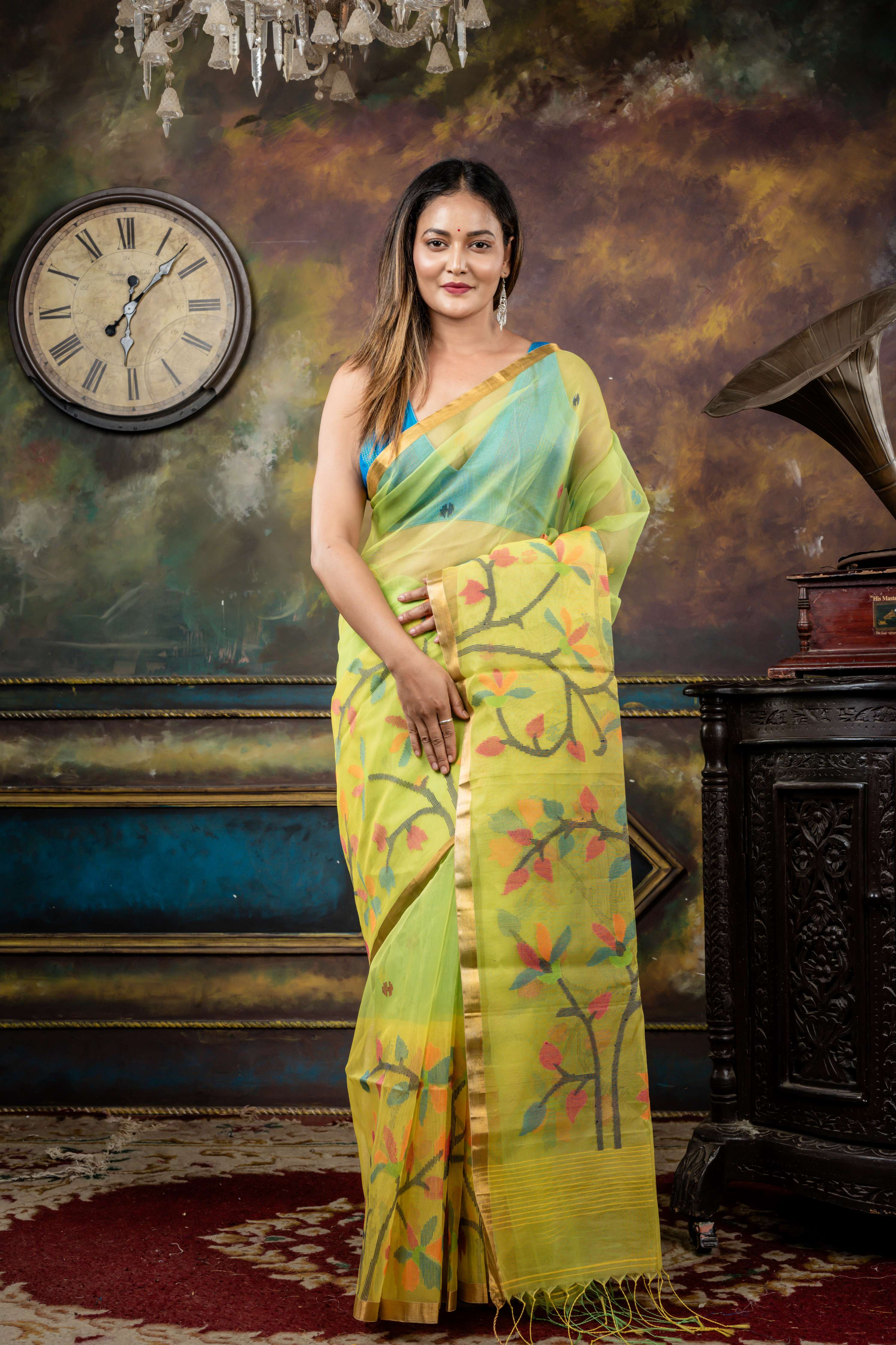 Madhabilata || Lime Green Premium Muslin Bengal Handloom Saree with all over Multi-colour Jamdani Buta and Bright Yellow Floral Jamdani 'Mahapadh'  Border & Pallu