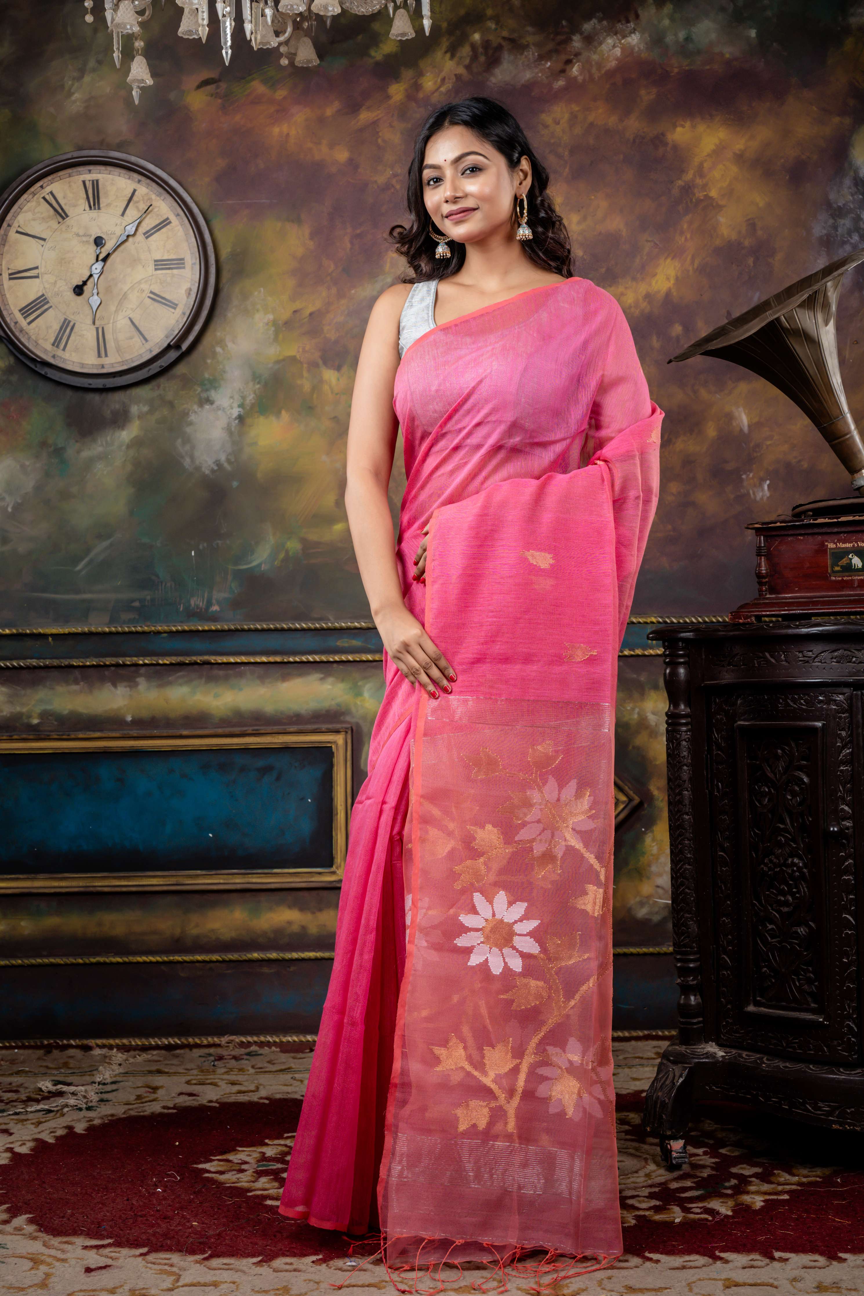 Moumita || Rose Pink Silk Linen Bengal Handloom Saree with Half Body Plain and Half Body Antique Gold Zari Needlework Jamdani Floral motif Buta & Pallu