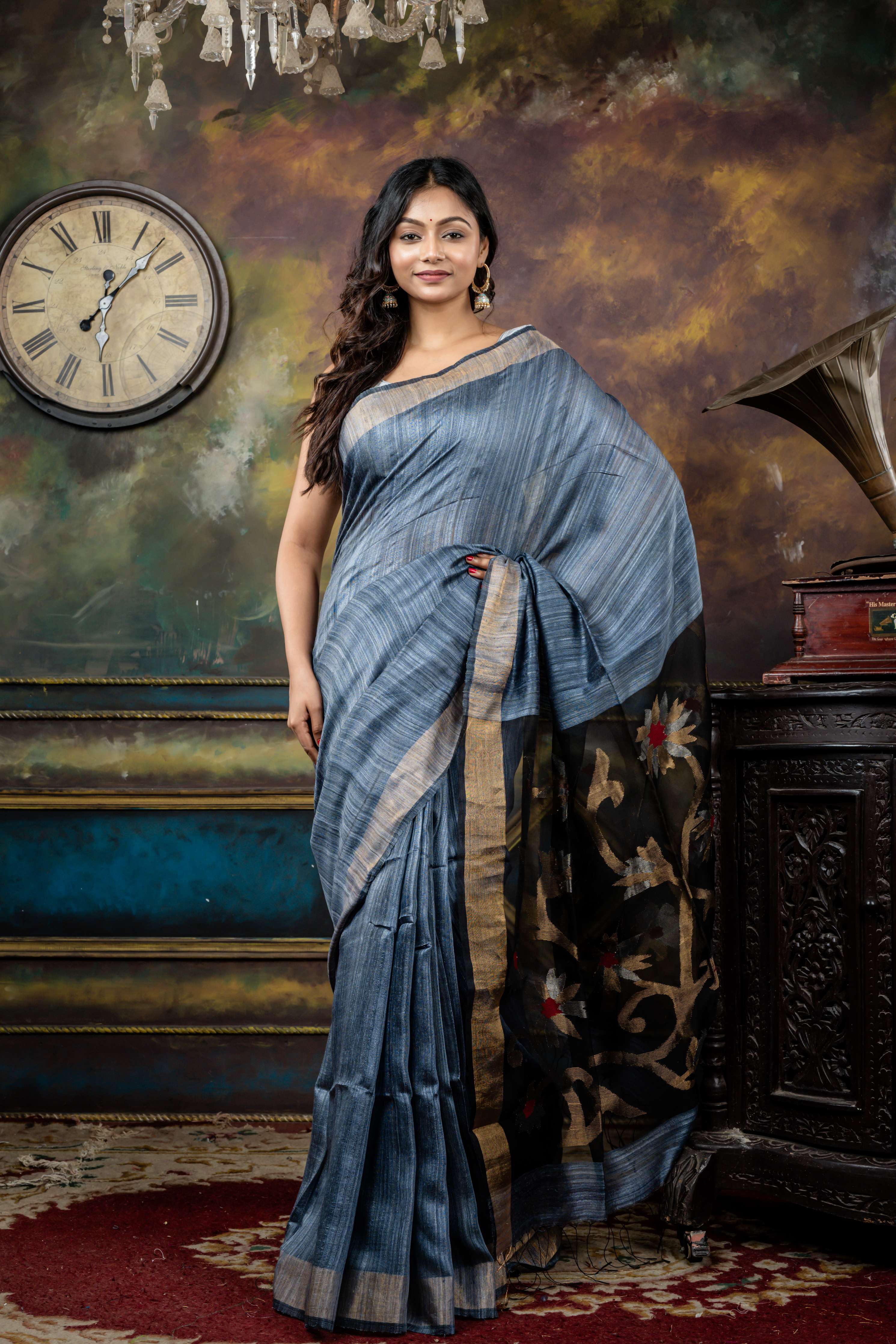 Dhumketu || Metallic Grey Pure Matka Bengal Handloom Saree with Plain Body, Antique Zari Plain Border and Red Resham, Antique Silver & Antique Gold Zari Floral Jamdani on Black Muslin Pallu