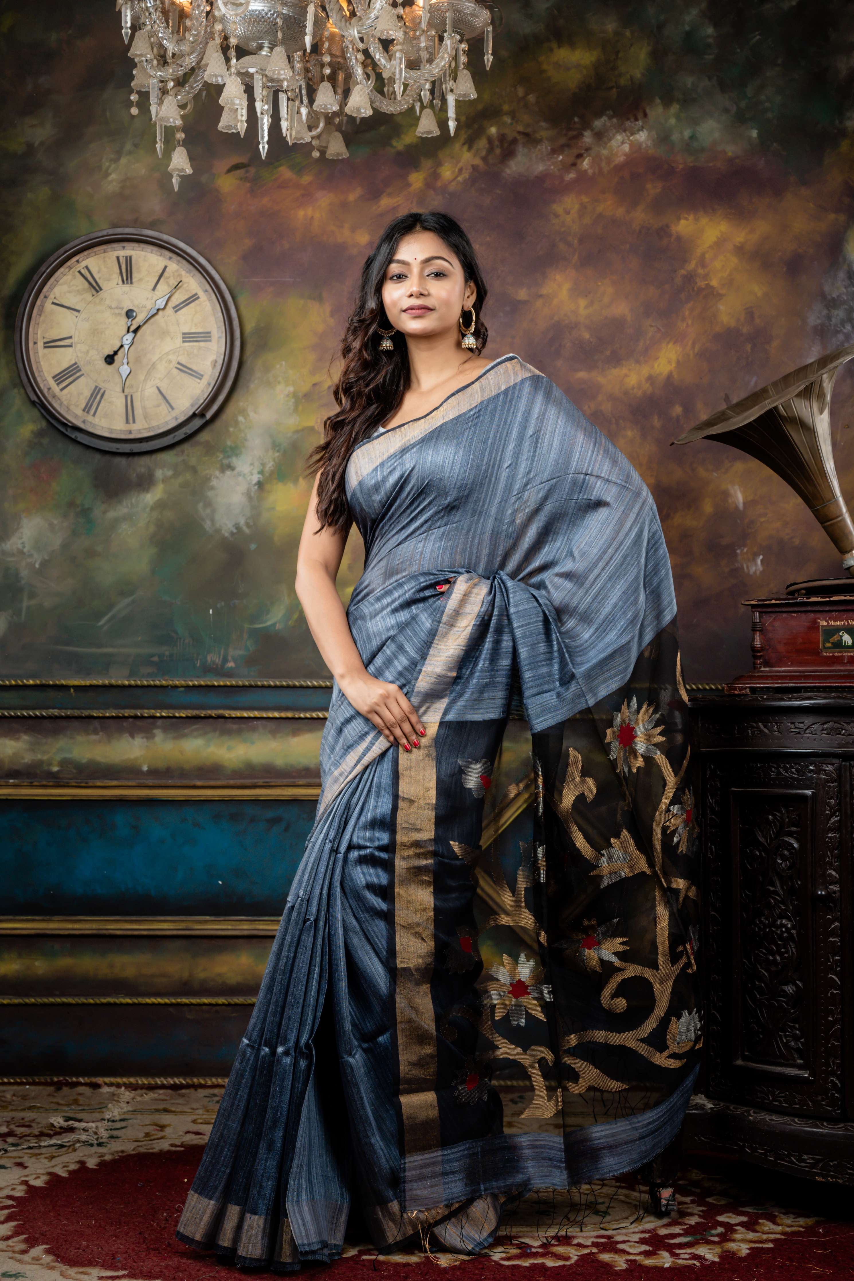 Dhumketu || Metallic Grey Pure Matka Bengal Handloom Saree with Plain Body, Antique Zari Plain Border and Red Resham, Antique Silver & Antique Gold Zari Floral Jamdani on Black Muslin Pallu