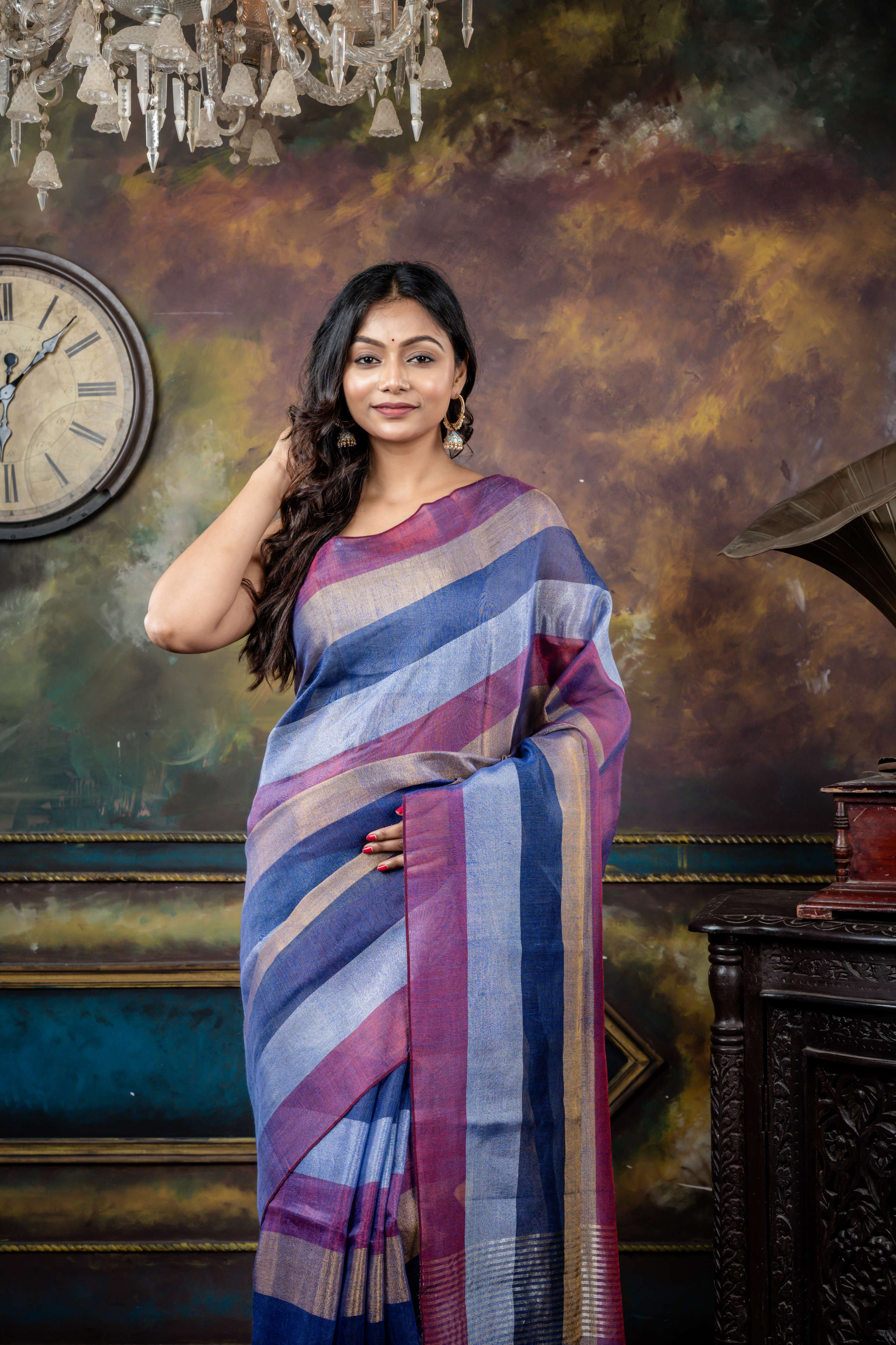 Crossroads || Multi-colour Metallic Tissue Linen Bengal Handloom Saree with all over 4D Colour block Stripes