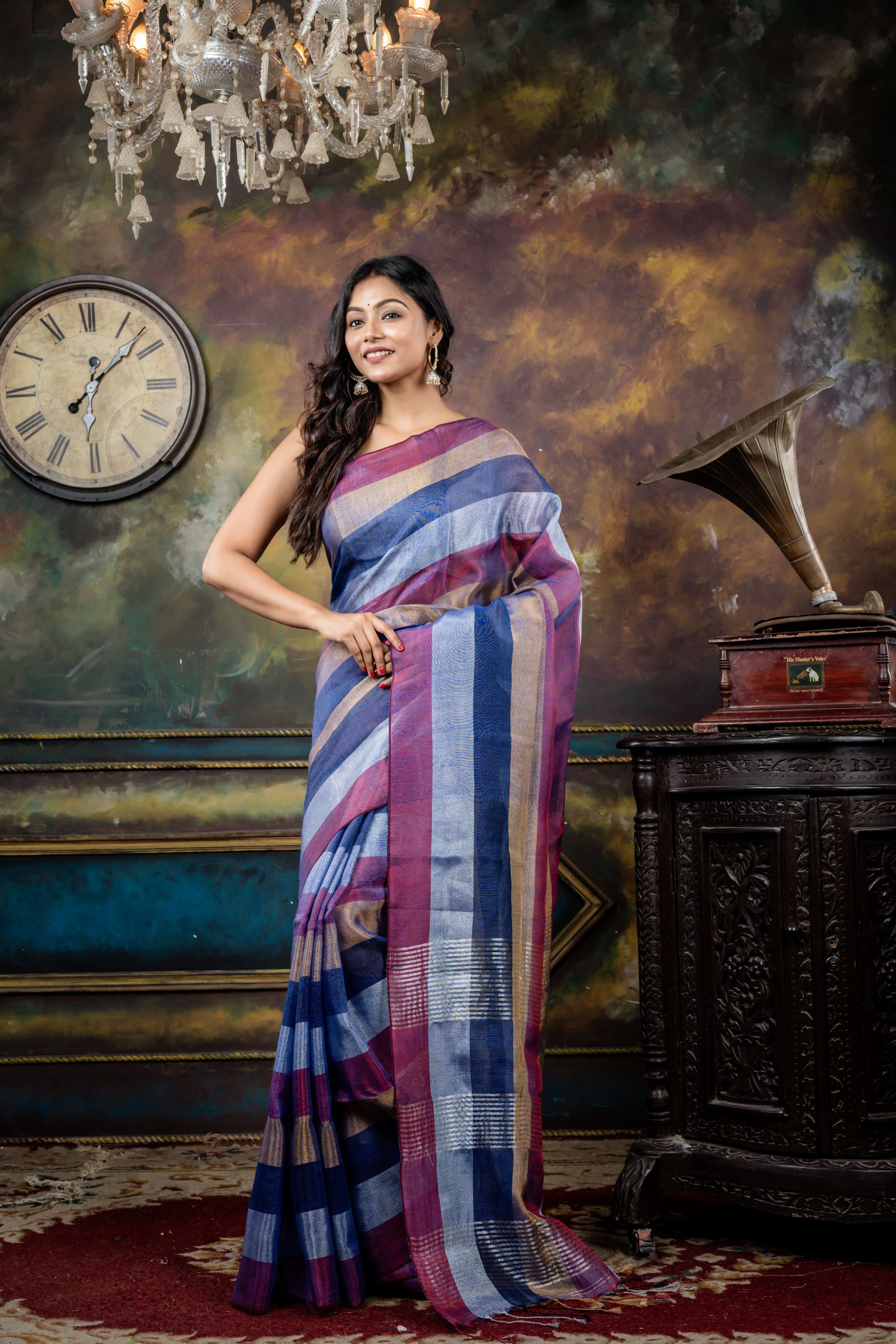 Crossroads || Multi-colour Metallic Tissue Linen Bengal Handloom Saree with all over 4D Colour block Stripes