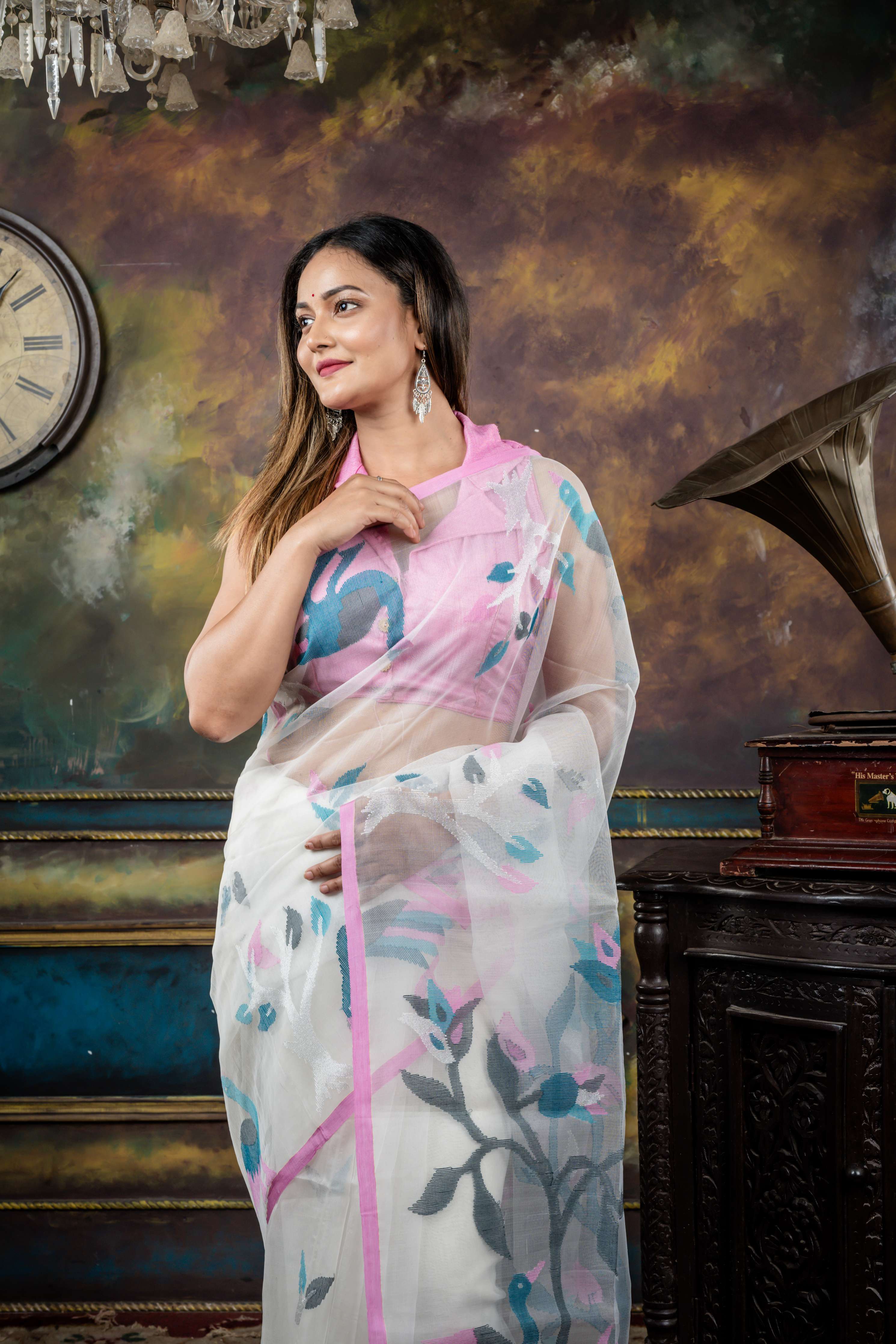 Malati || White Premium Muslin Bengal Handloom Saree with all over Multi-colour 'Leaf' motif Jamdani Buta & Pallu with Silver Zari highlights