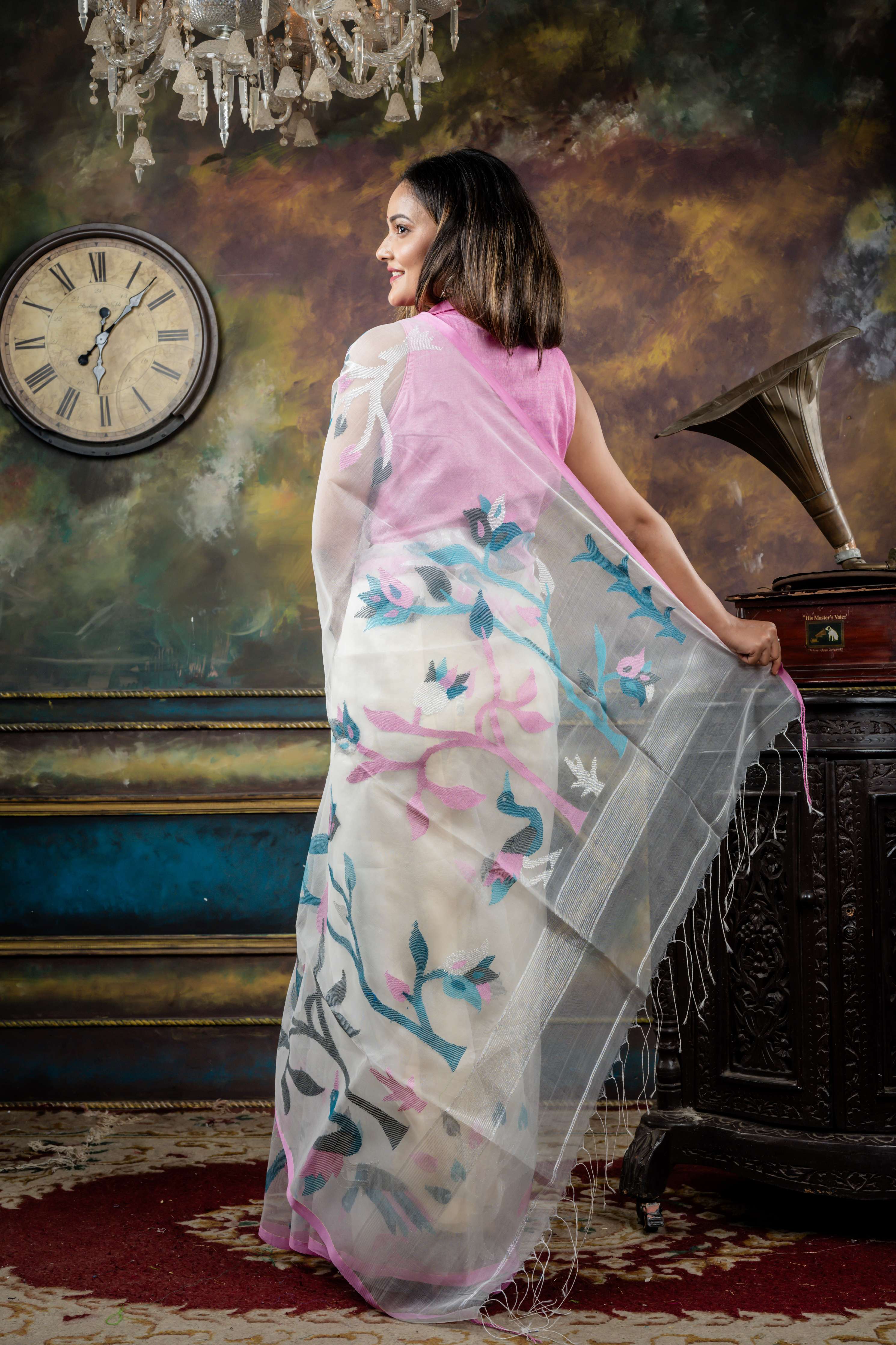 Malati || White Premium Muslin Bengal Handloom Saree with all over Multi-colour 'Leaf' motif Jamdani Buta & Pallu with Silver Zari highlights