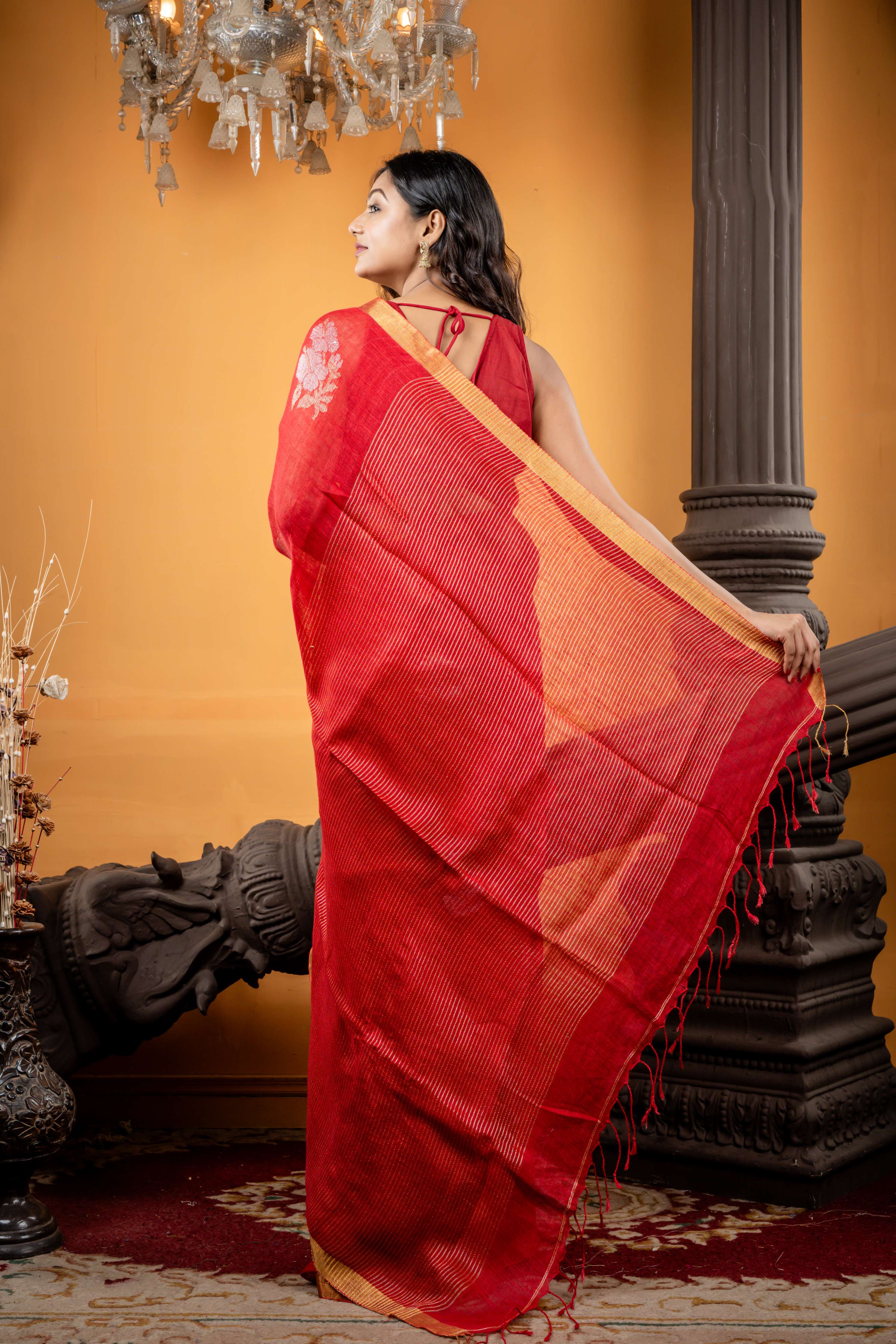 Jaba || Bright Red Linen Bengal Handloom Saree with all over Silver & Gold Zari 'Hibiscus' motif Jamdani Buta and Stripe Border