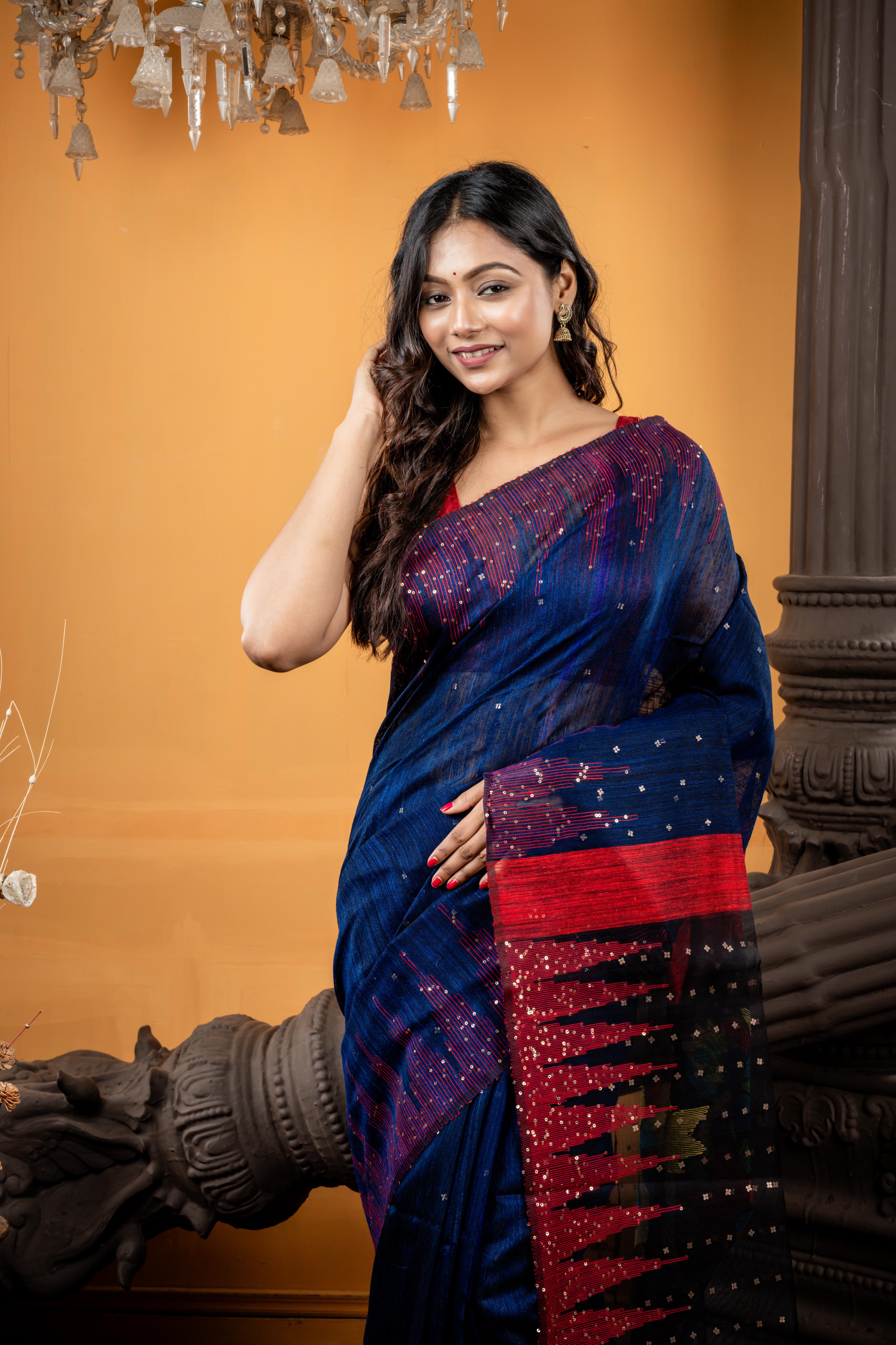 Nakshatra || Midnight Blue Premium 'Matka-Muslin' half & half Bengal Handloom Saree with all over Antique Gold Small Sequins, Red Temple Border & Multi-colour Floral Jamdani on Black Pallu