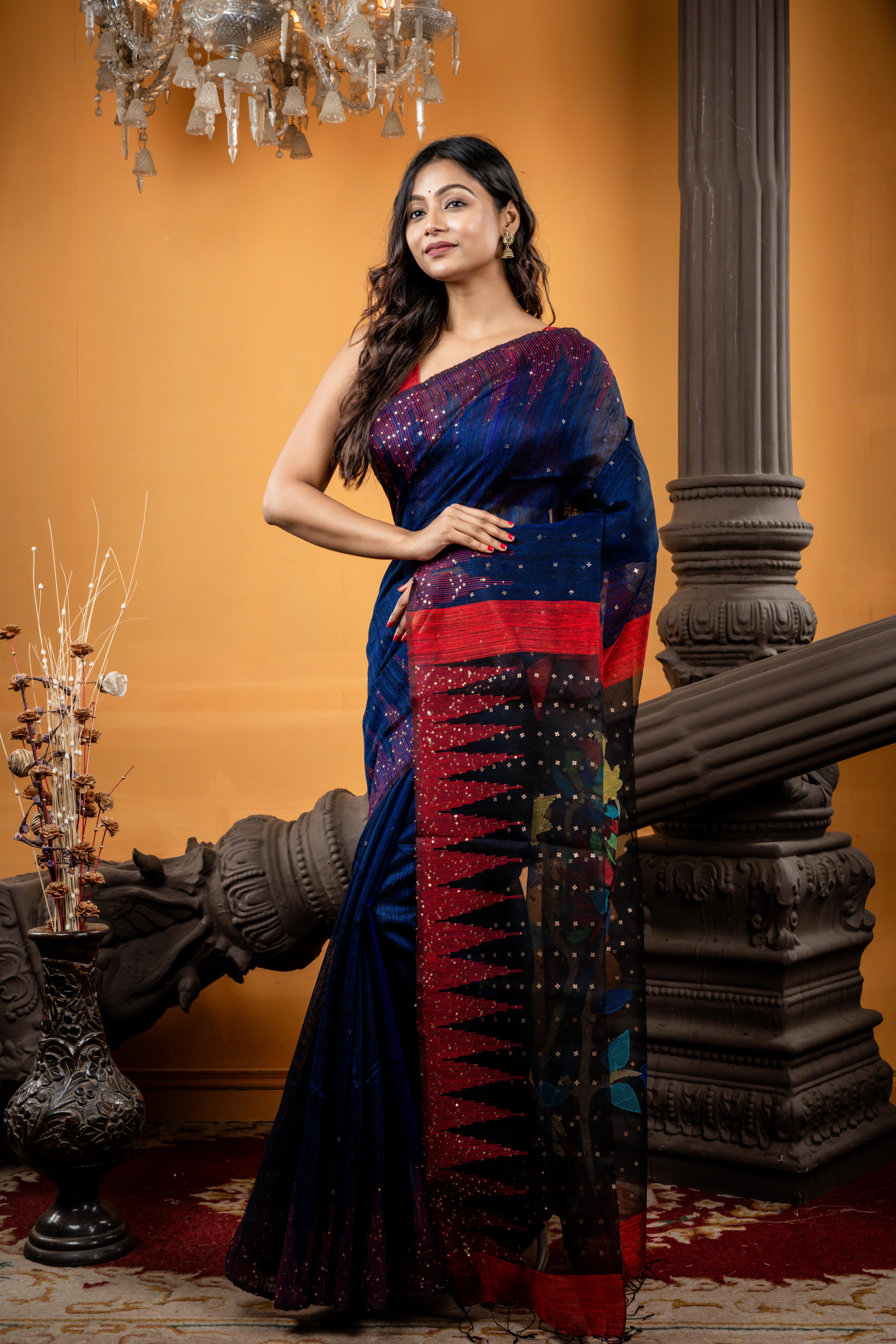 Nakshatra || Midnight Blue Premium 'Matka-Muslin' half & half Bengal Handloom Saree with all over Antique Gold Small Sequins, Red Temple Border & Multi-colour Floral Jamdani on Black Pallu