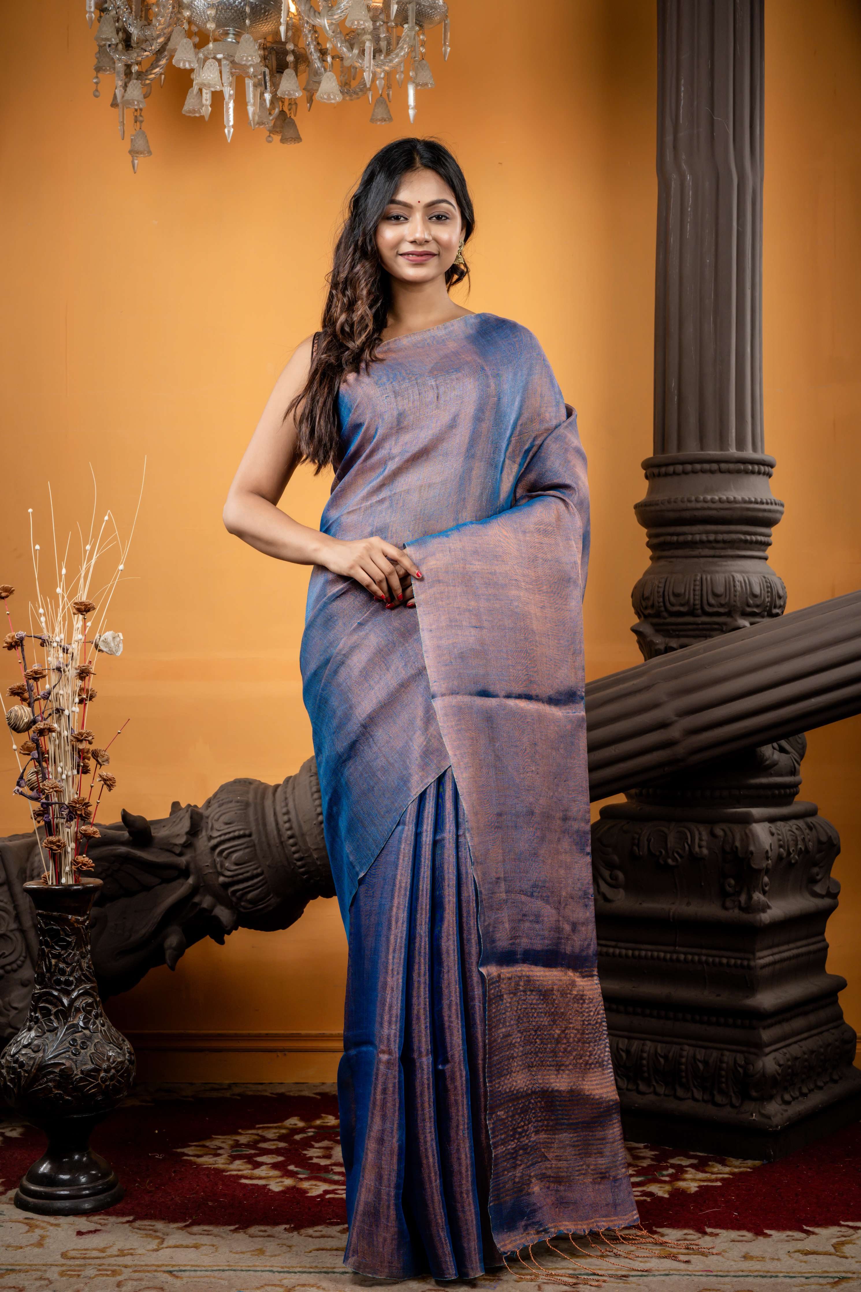 Chhaya || Dusty Blue & Copper dual tone Metallic Tissue Linen Bengal Handloom Saree with Metallic Copper Stripe Pallu