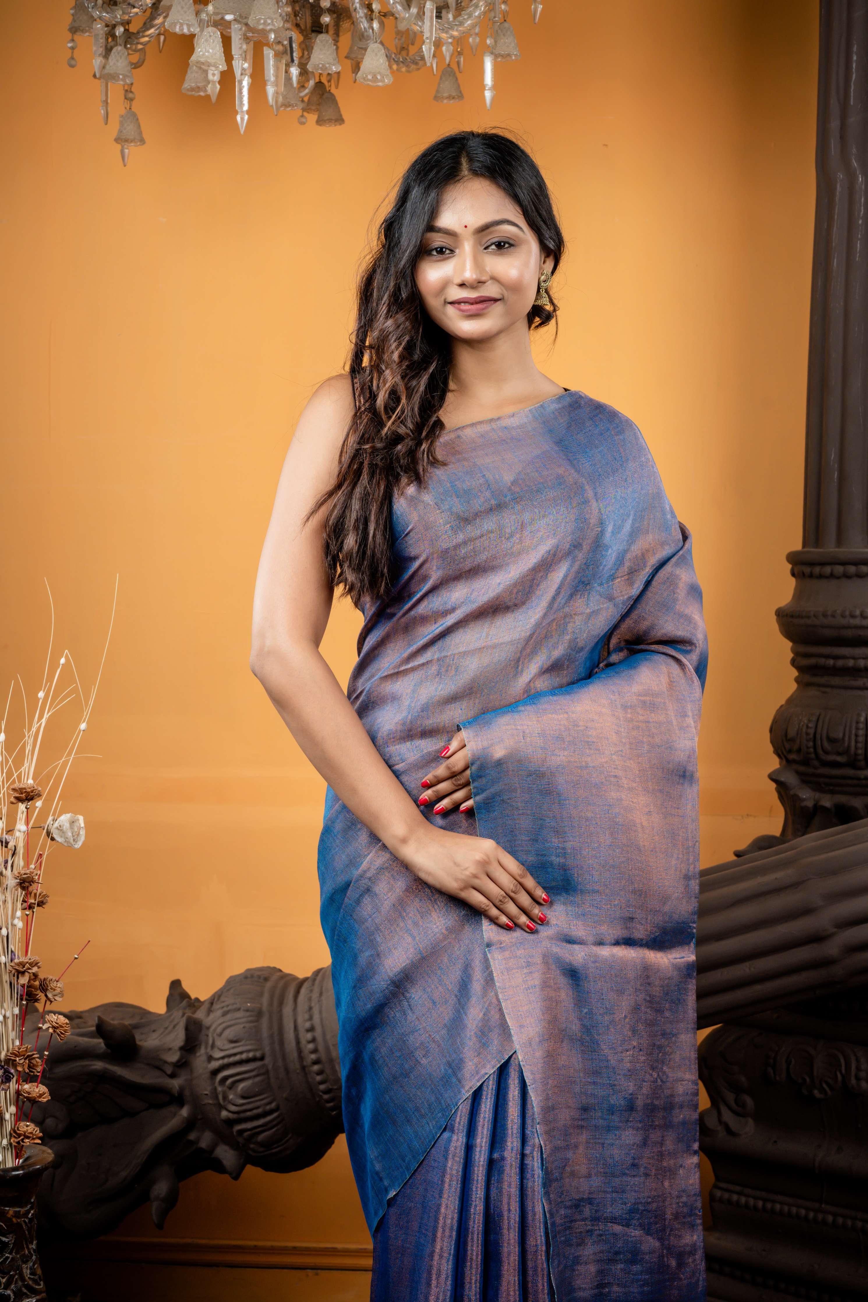 Chhaya || Dusty Blue & Copper dual tone Metallic Tissue Linen Bengal Handloom Saree with Metallic Copper Stripe Pallu