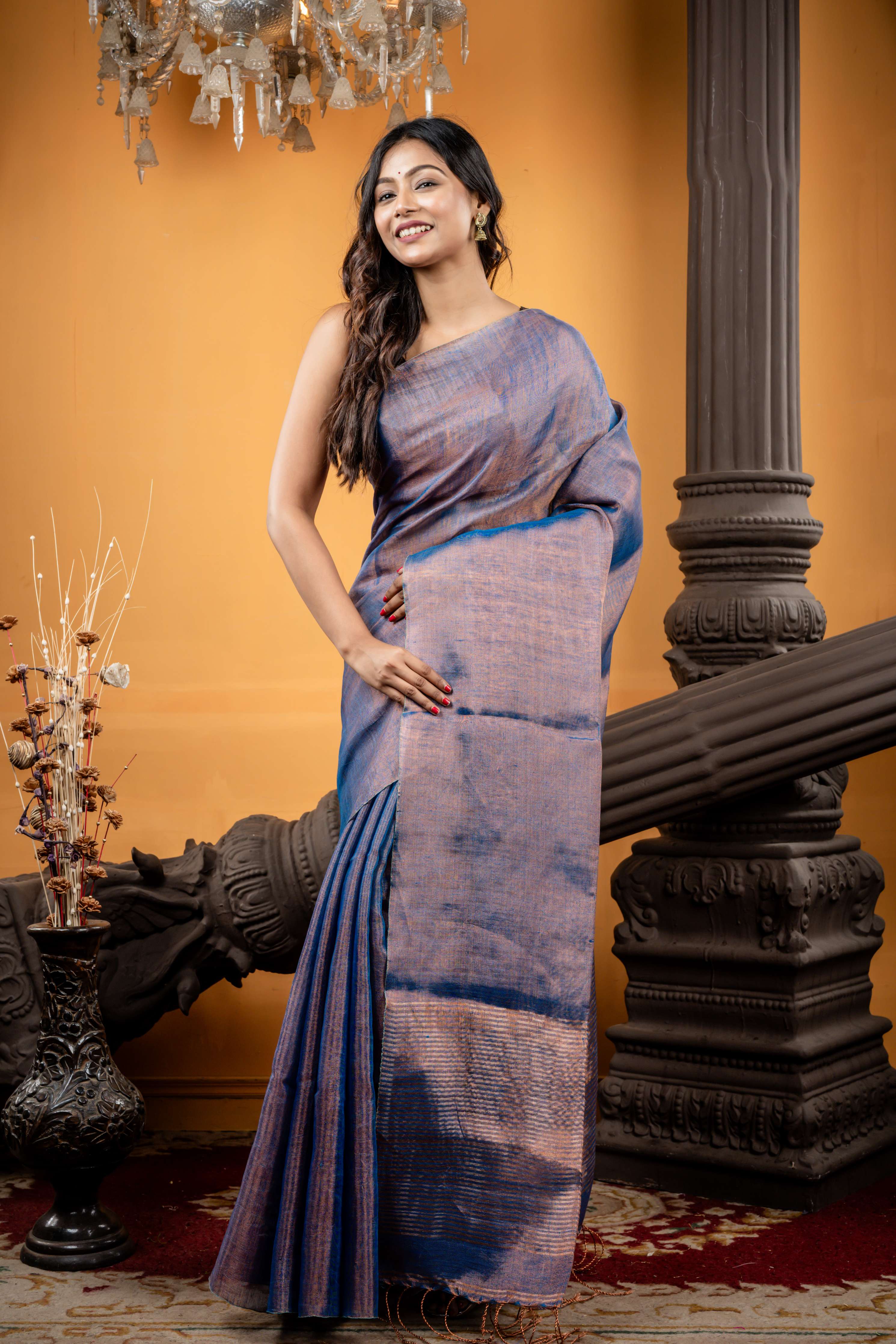 Chhaya || Dusty Blue & Copper dual tone Metallic Tissue Linen Bengal Handloom Saree with Metallic Copper Stripe Pallu