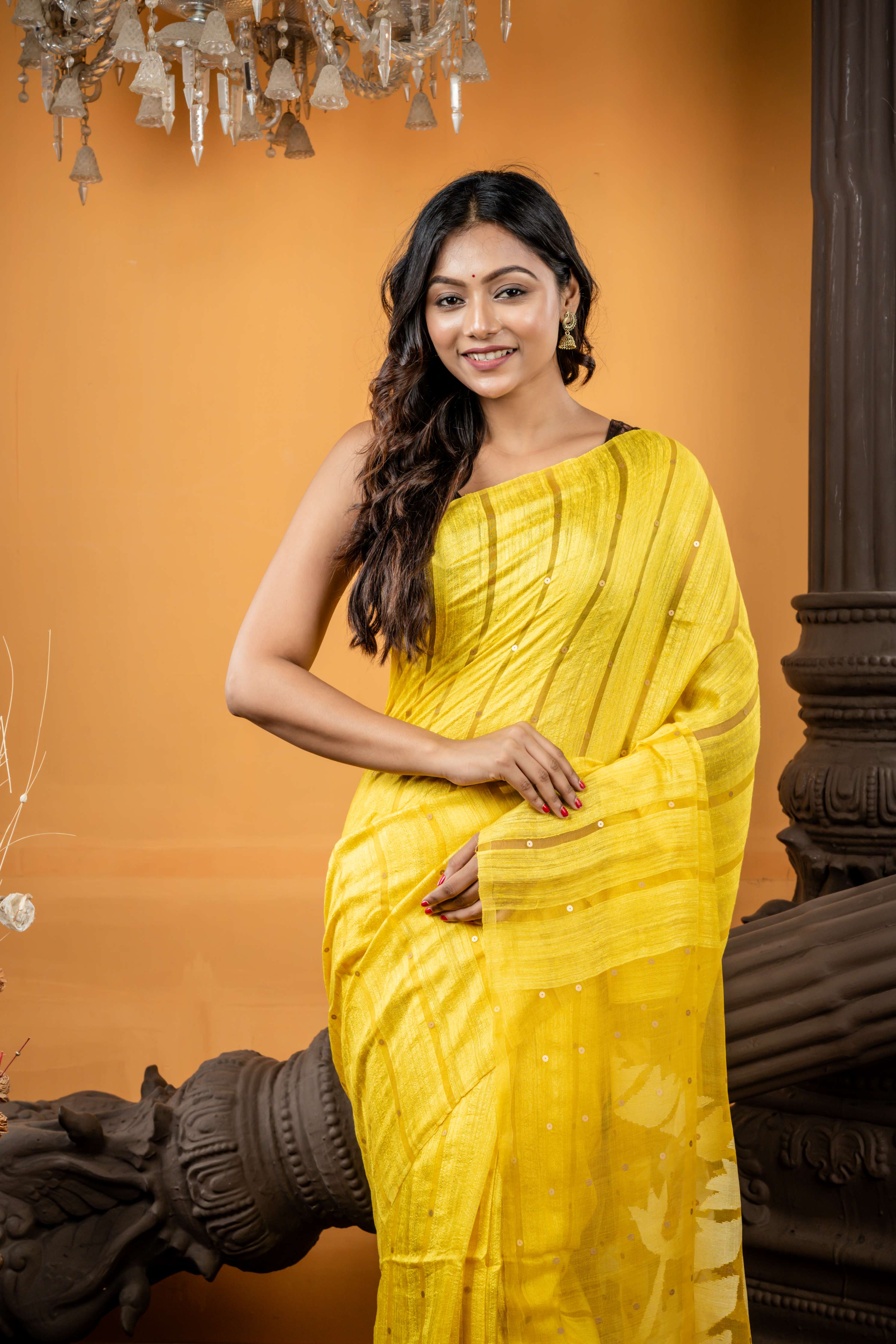 Sunanda || Sunflower Yellow Matka Bengal Handloom Saree with Half Body Plain, Half Body woven Antique Gold Sequins on Muslin block Stripes, Lemon Yellow Resham & Antique Gold Zari Floral Jamdani on Muslin Pallu embellished with woven Antique Gold Sequins